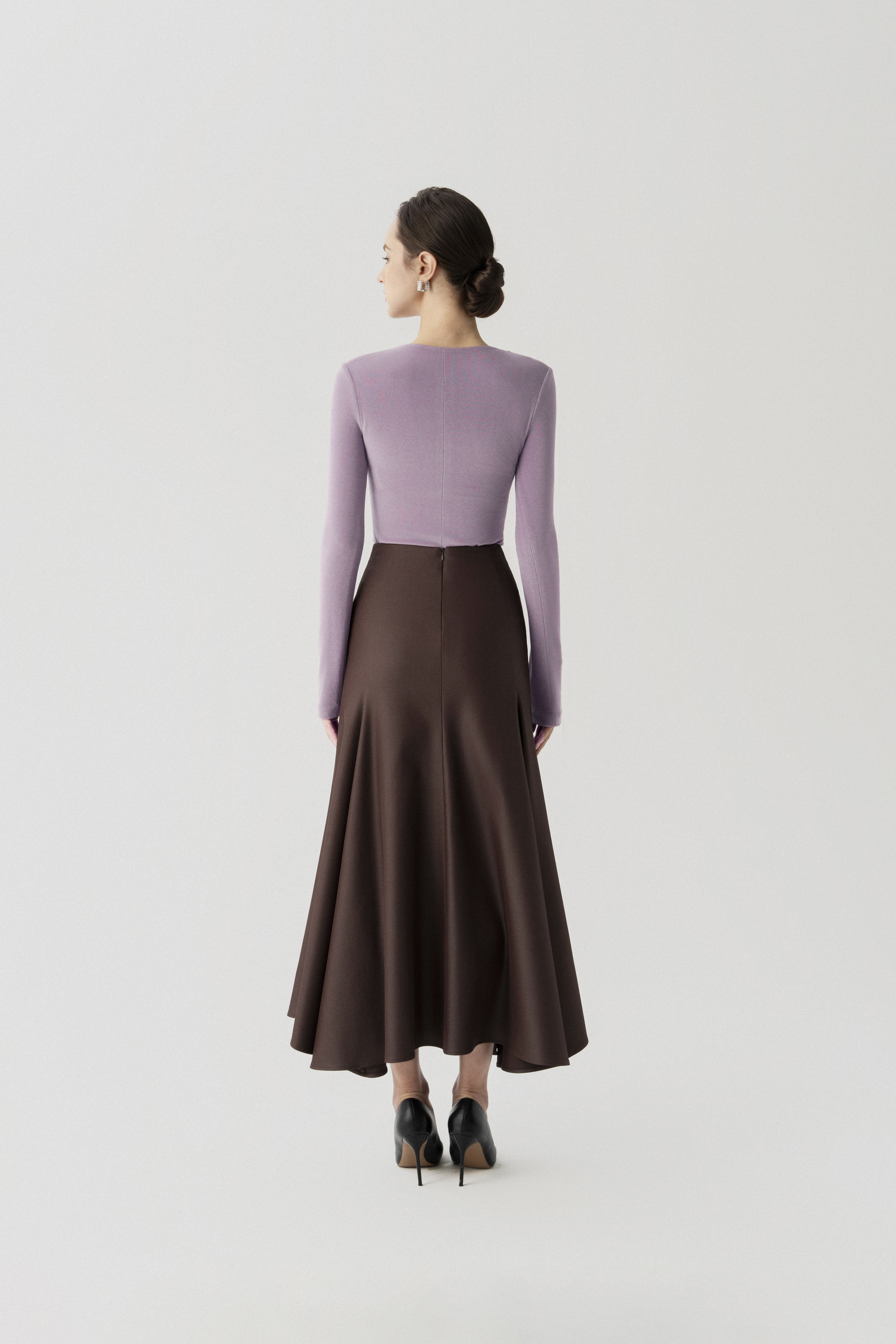Double Knit Crepe Top in Lavender & Halo Fishtail Skirt in Chicory Coffee