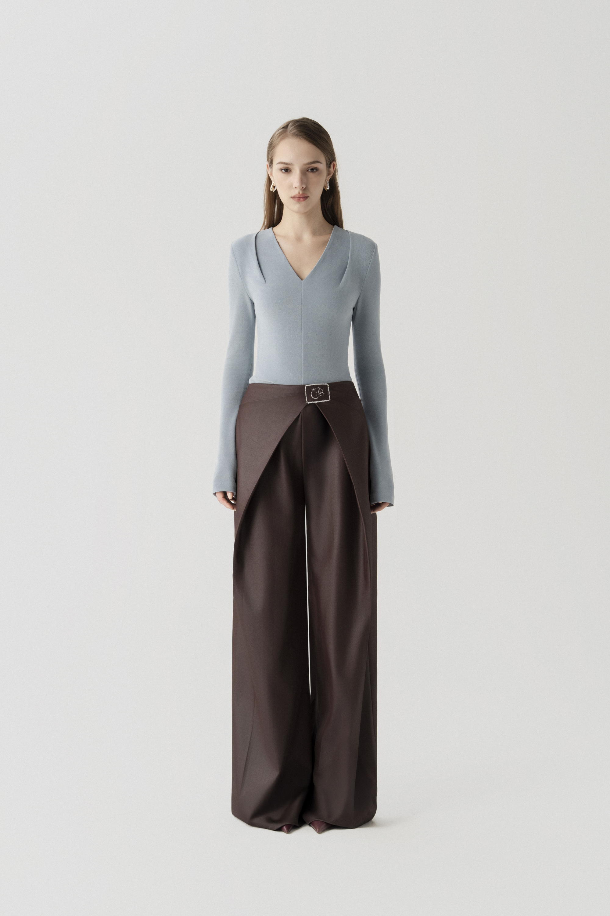 Double Knit Crepe Top in Sky Blue & Bordeaux Flow Trousers