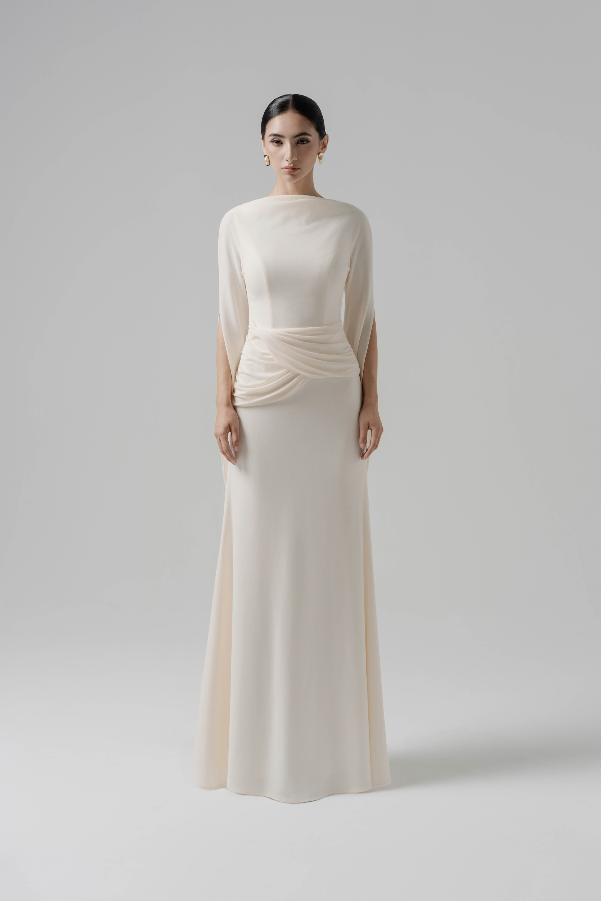 Moonlit Gaze Dress in Cream - Mermaid Midi Draped Slit S - US 4 / Cream Moonlit Gaze Dress in Cream - Mermaid Midi Draped Slit S - US 4 / Cream