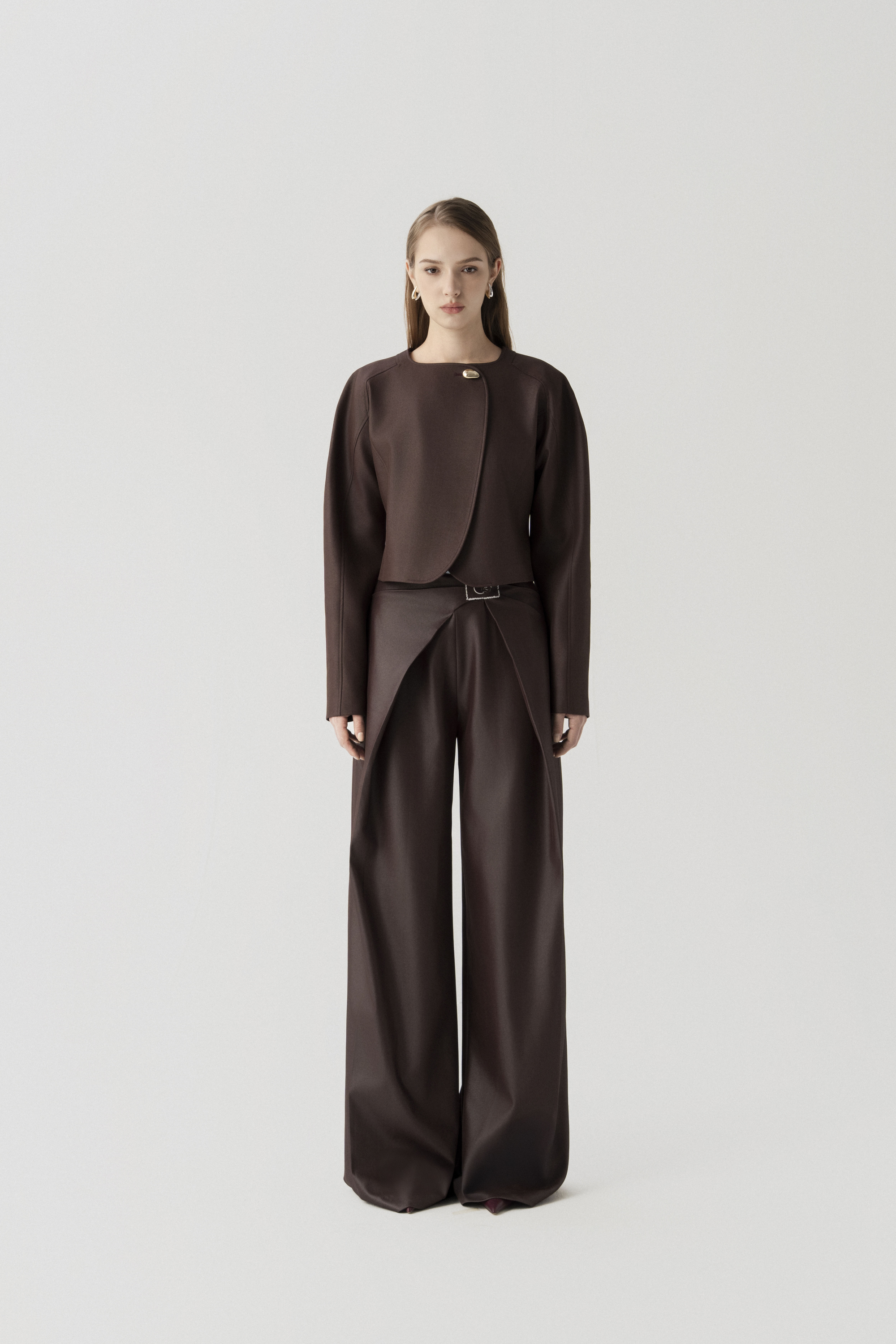 Solstice Cropped Jacket & Bordeaux Flow Trousers in Chicory Coffee