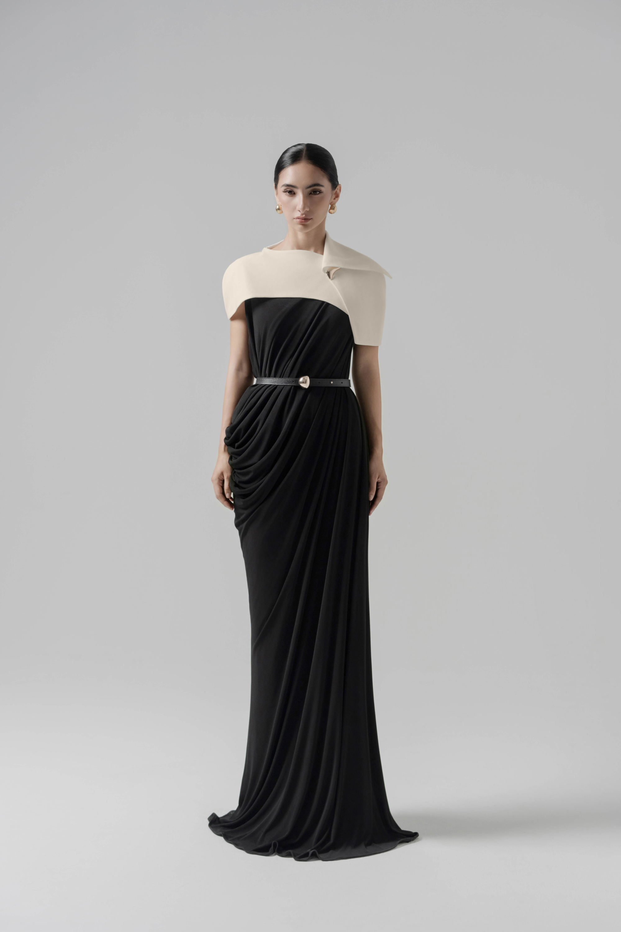 Dune Cape Dress - Cream & Black Midi with Detachable Cape XL - US 10 / Black & Cream Dune Cape Dress - Cream & Black Midi with Detachable Cape XL - US 10 / Black & Cream