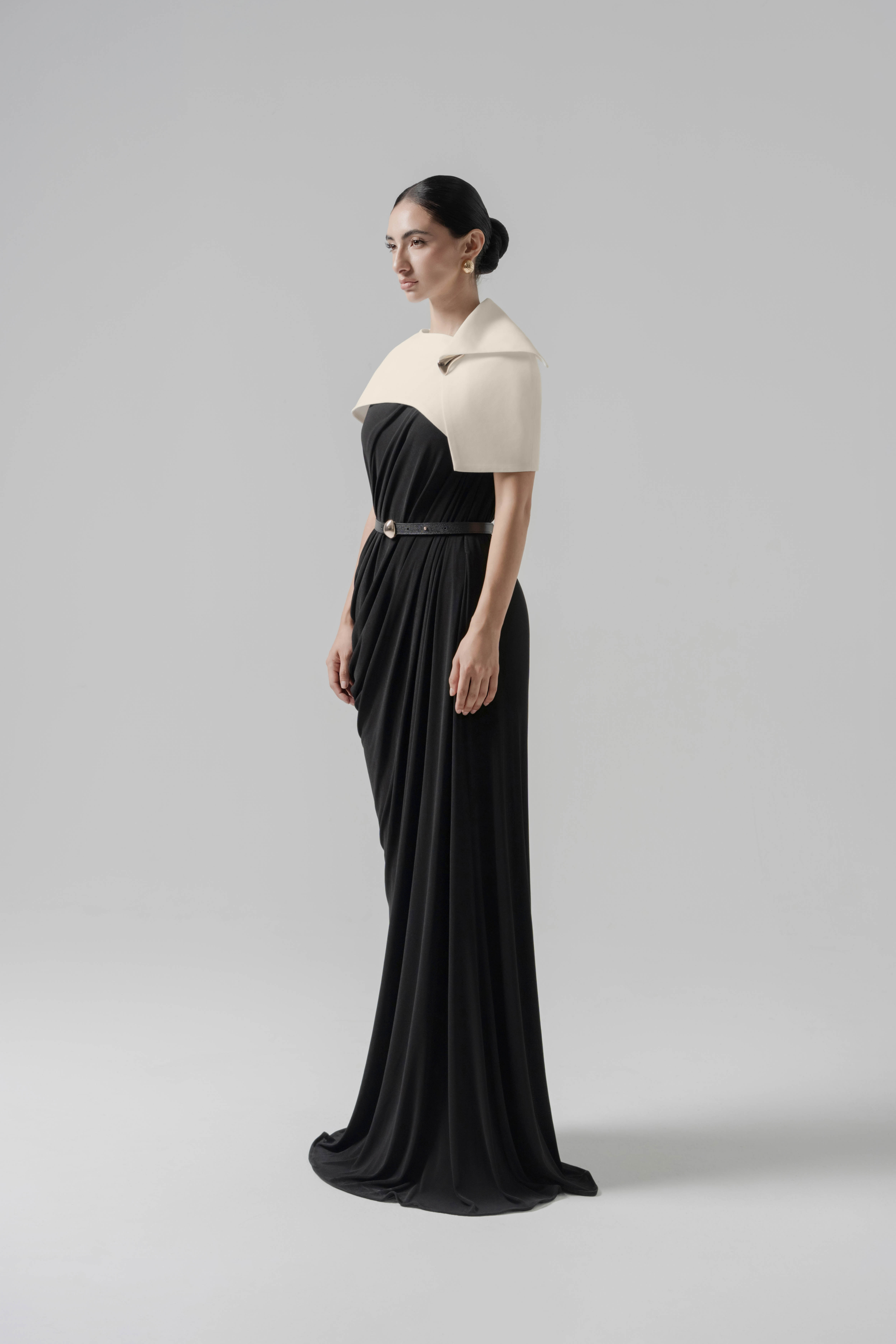 Dune Cape Dress - Cream & Black Midi with Detachable Cape