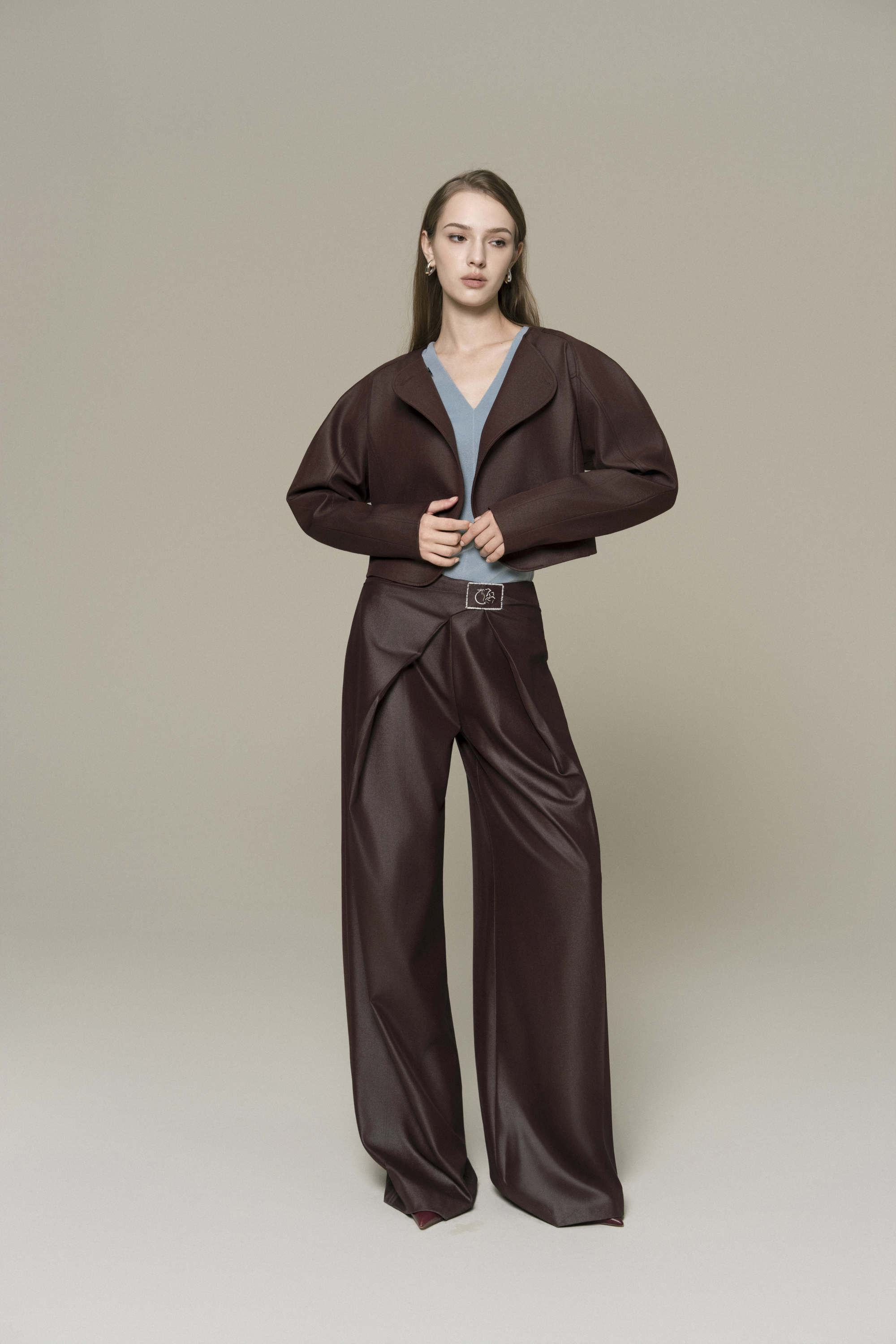 Solstice Cropped Jacket & Bordeaux Flow Trousers in Chicory Coffee