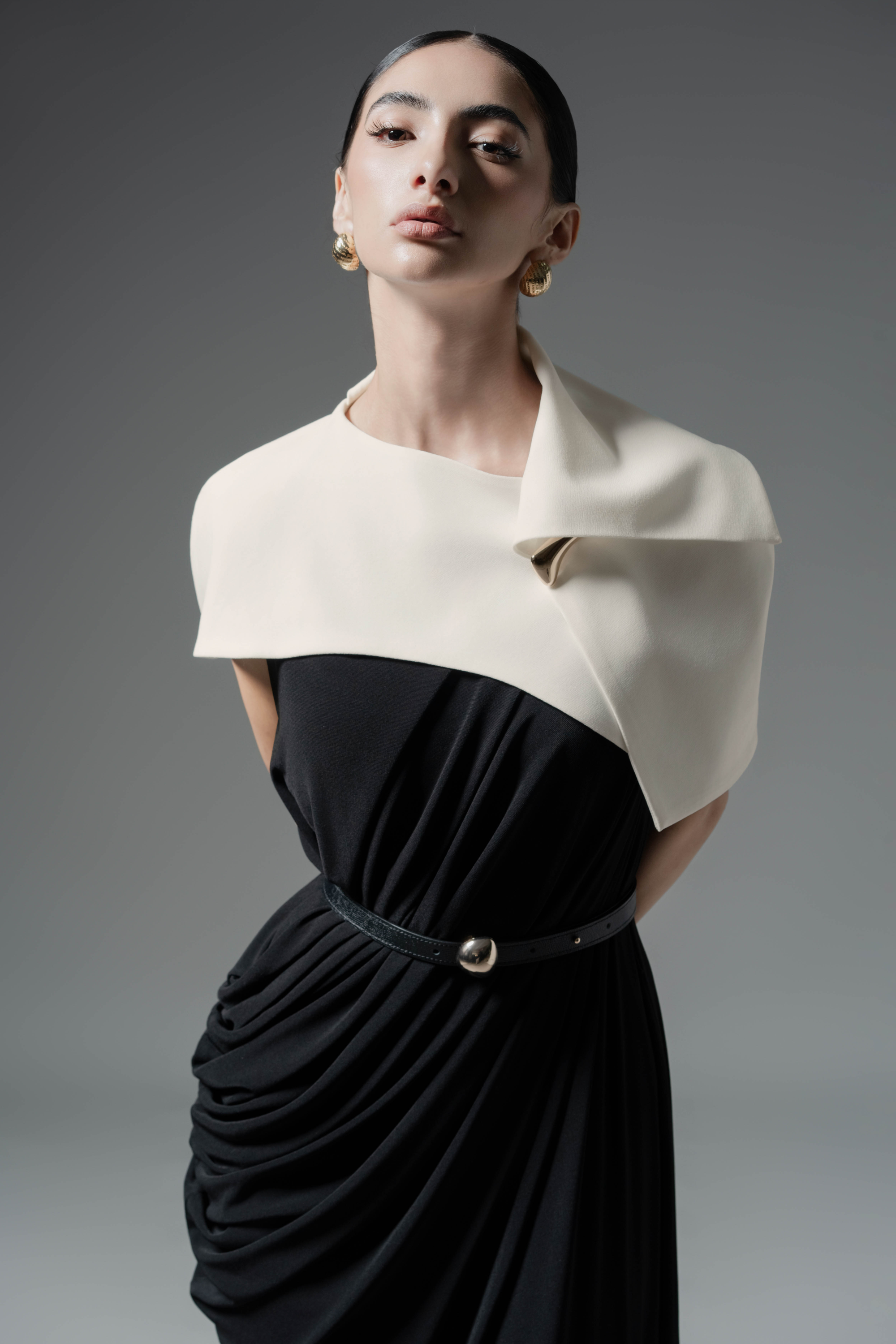 Dune Cape Dress - Cream & Black Midi with Detachable Cape Dune Cape Dress - Cream & Black Midi with Detachable Cape