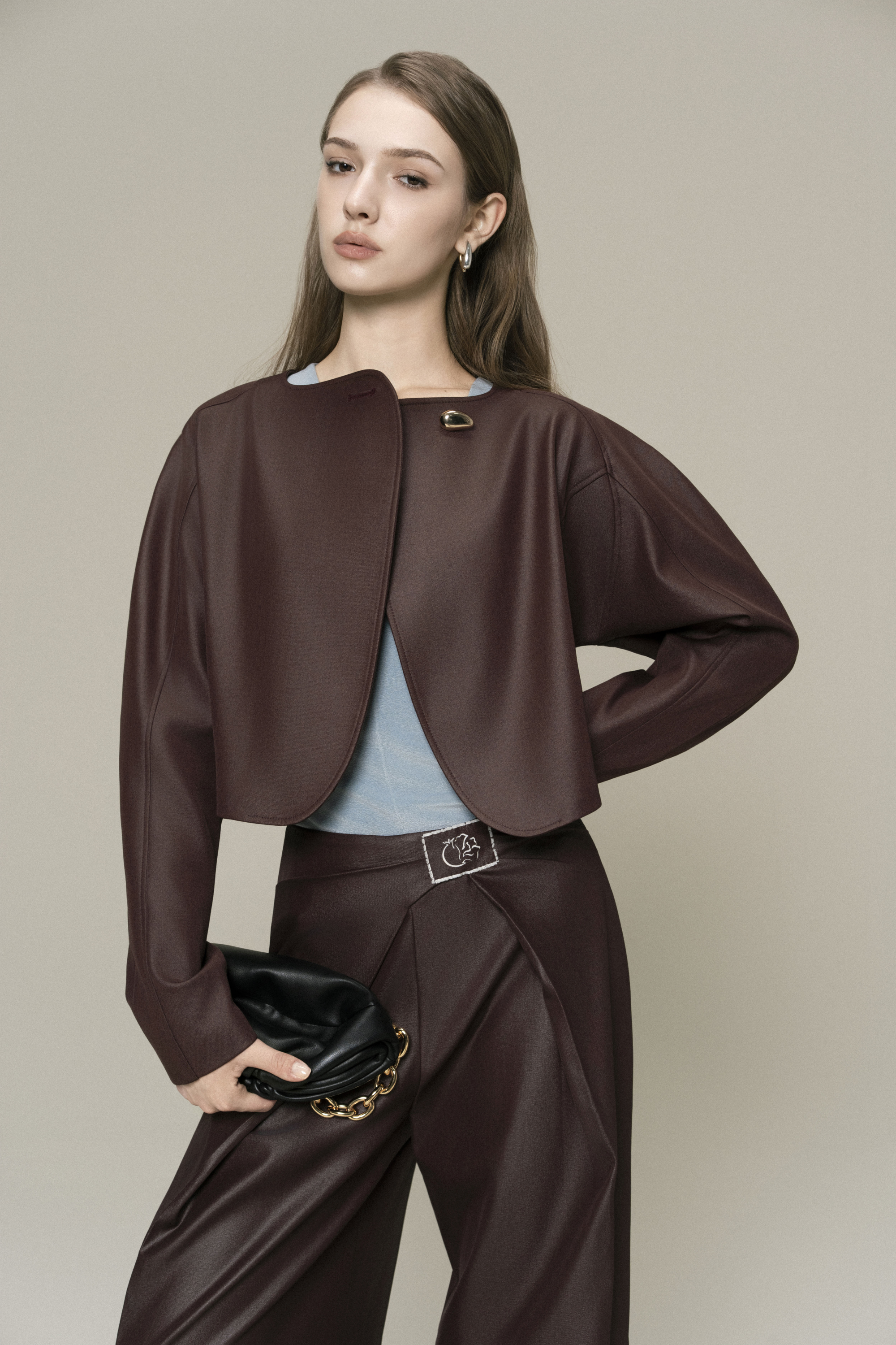 Solstice Cropped Jacket & Bordeaux Flow Trousers in Chicory Coffee