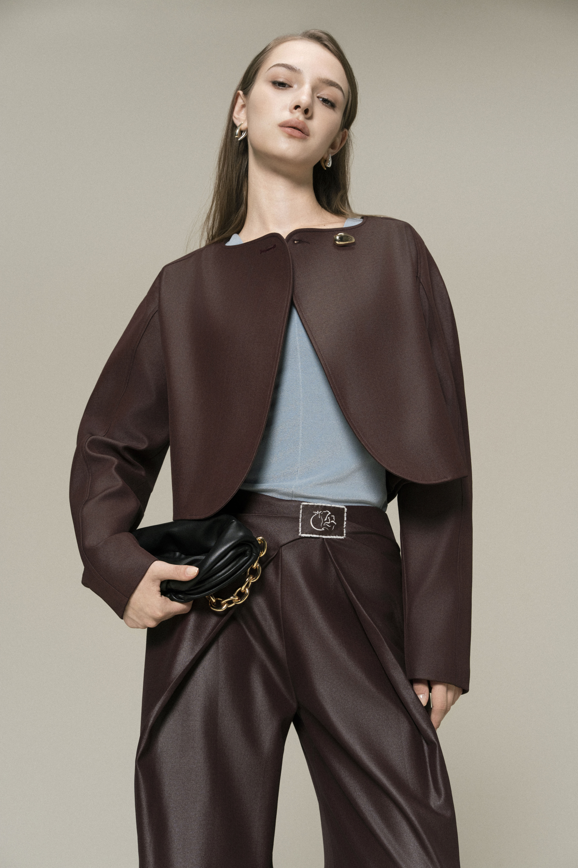 Solstice Cropped Jacket & Bordeaux Flow Trousers in Chicory Coffee