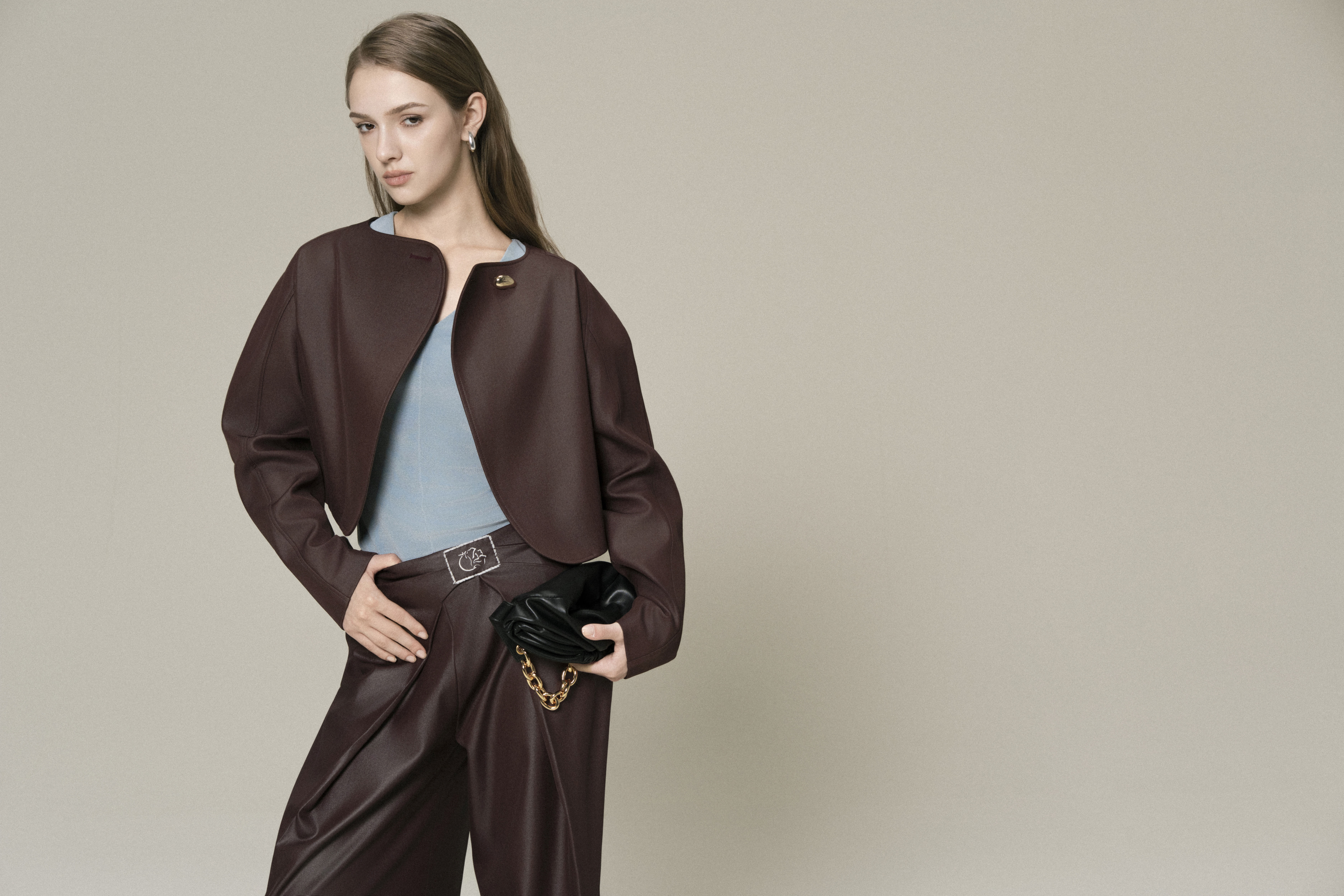 Solstice Cropped Jacket & Bordeaux Flow Trousers in Chicory Coffee