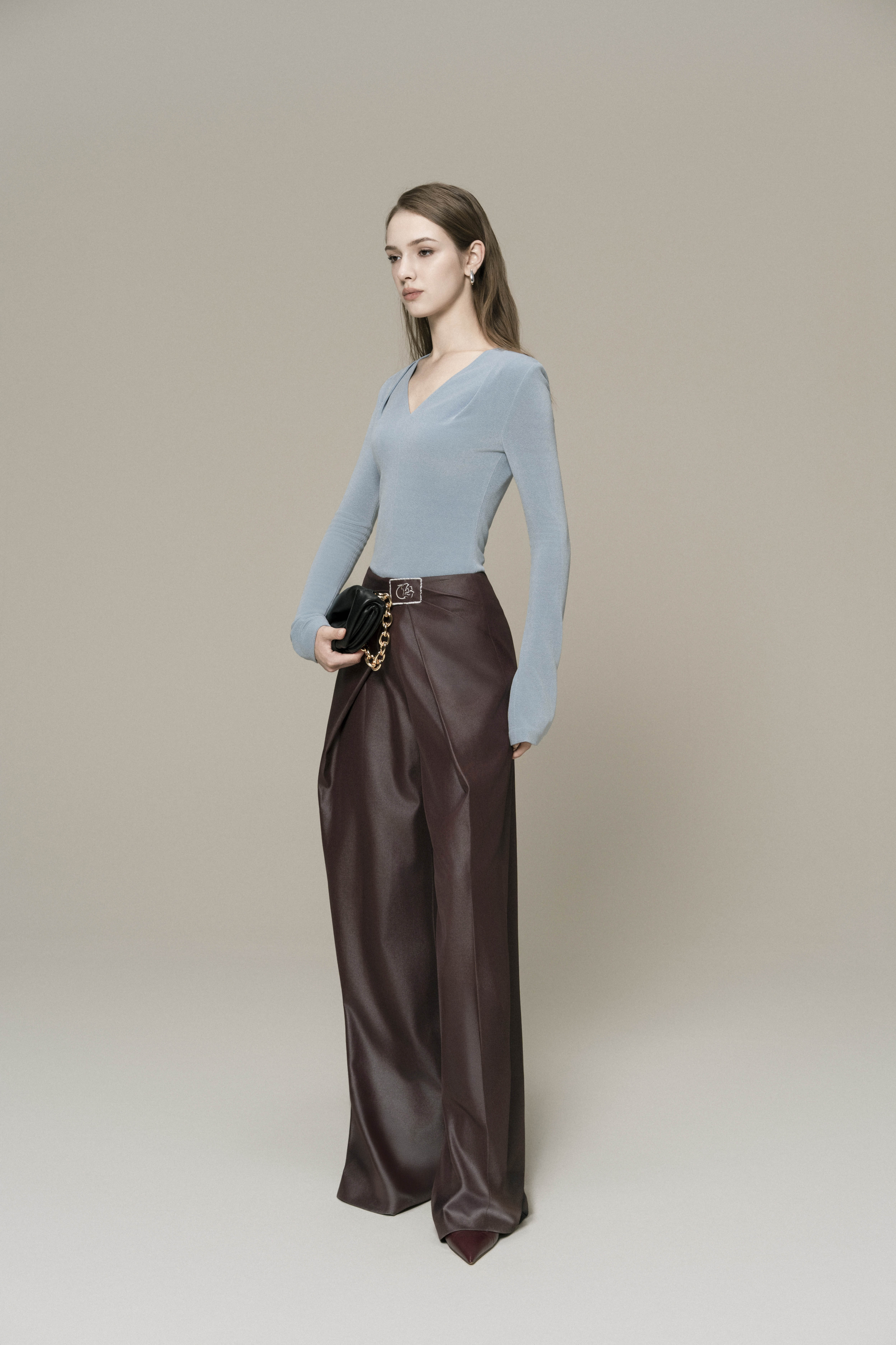 Double Knit Crepe Top in Sky Blue & Bordeaux Flow Trousers