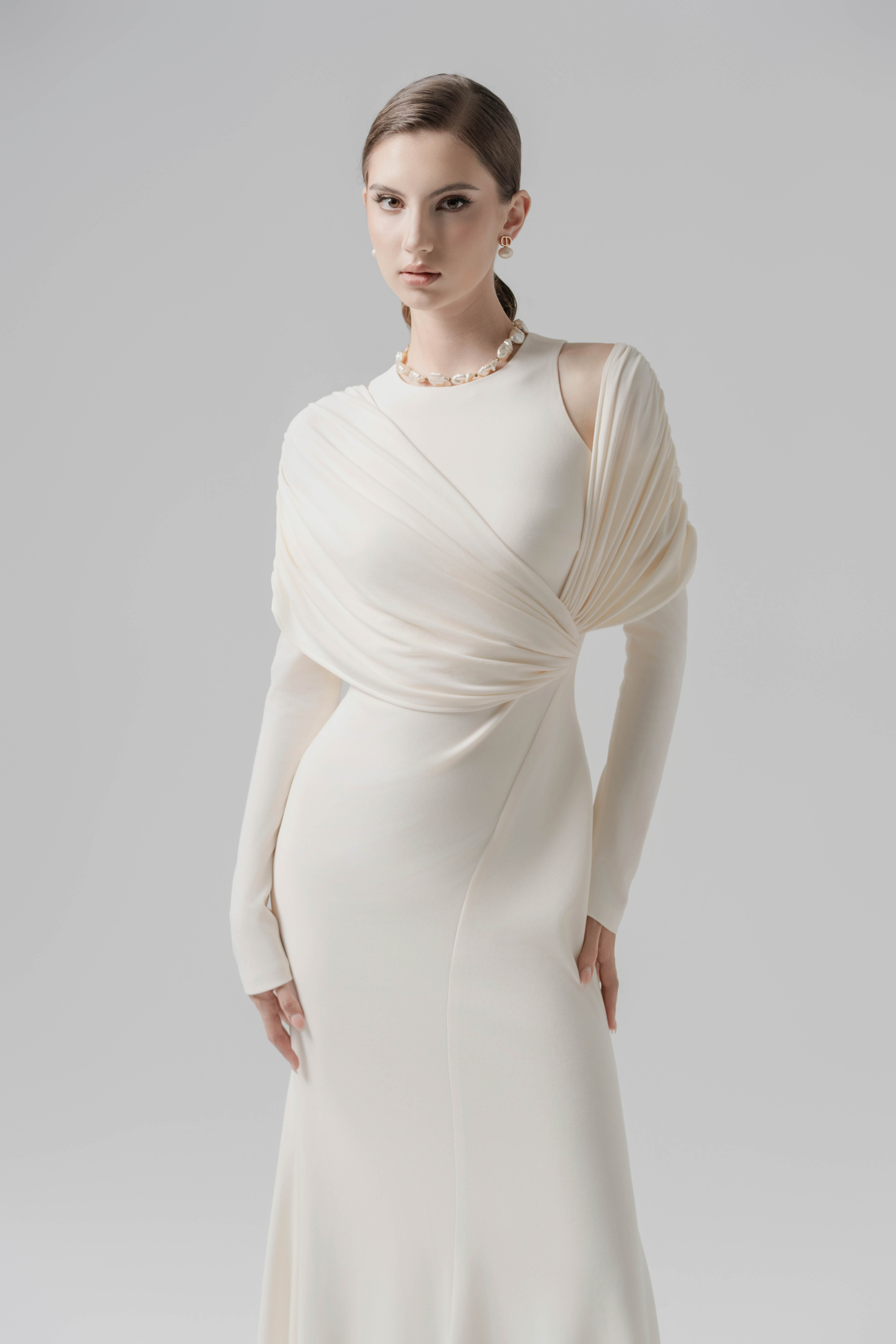 long sleeve bias cut dress Classic Long Sleeve Dress, Bias-Cut Satin M / Off White