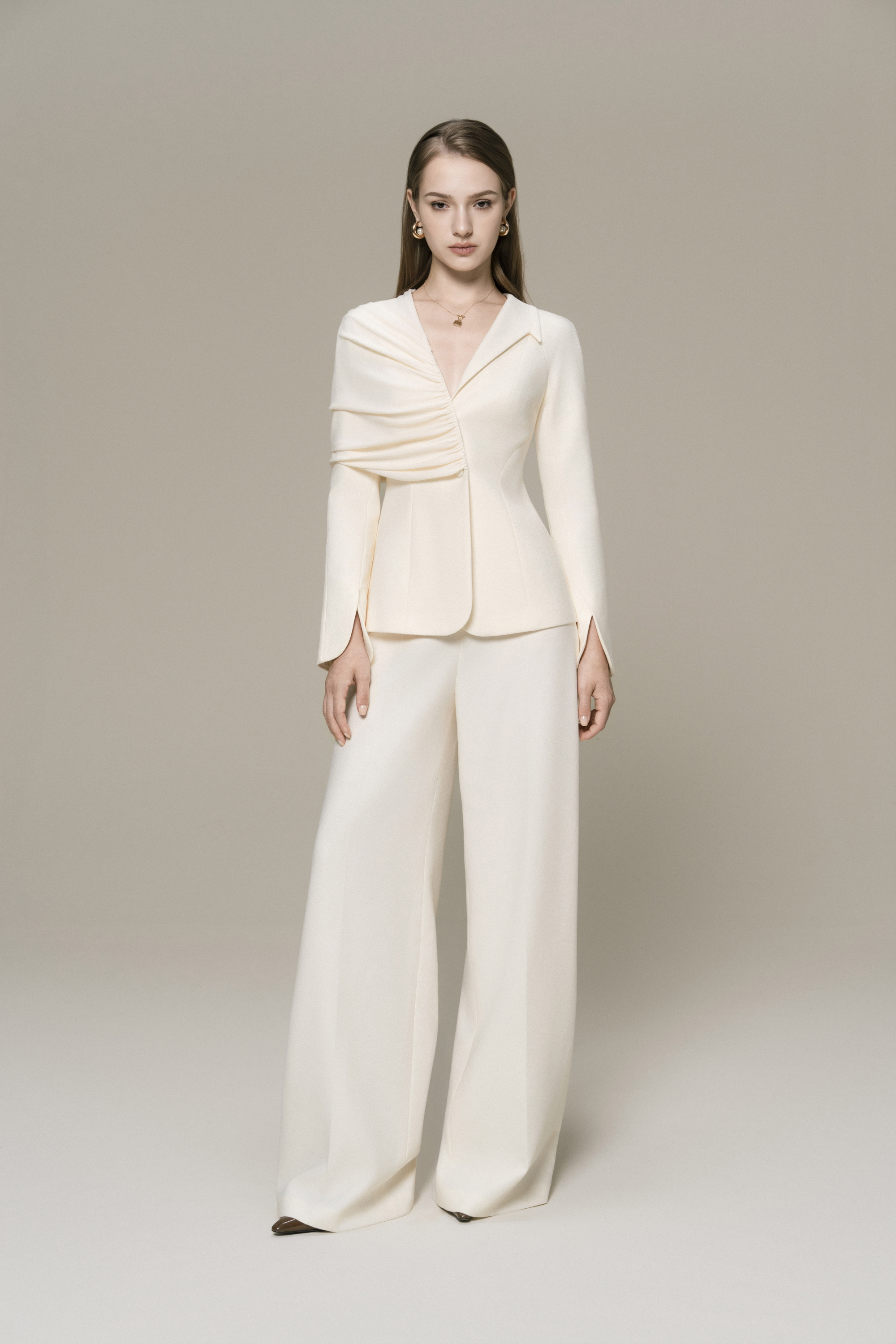V-neck Draped Suit Cream Wide Leg Trousers