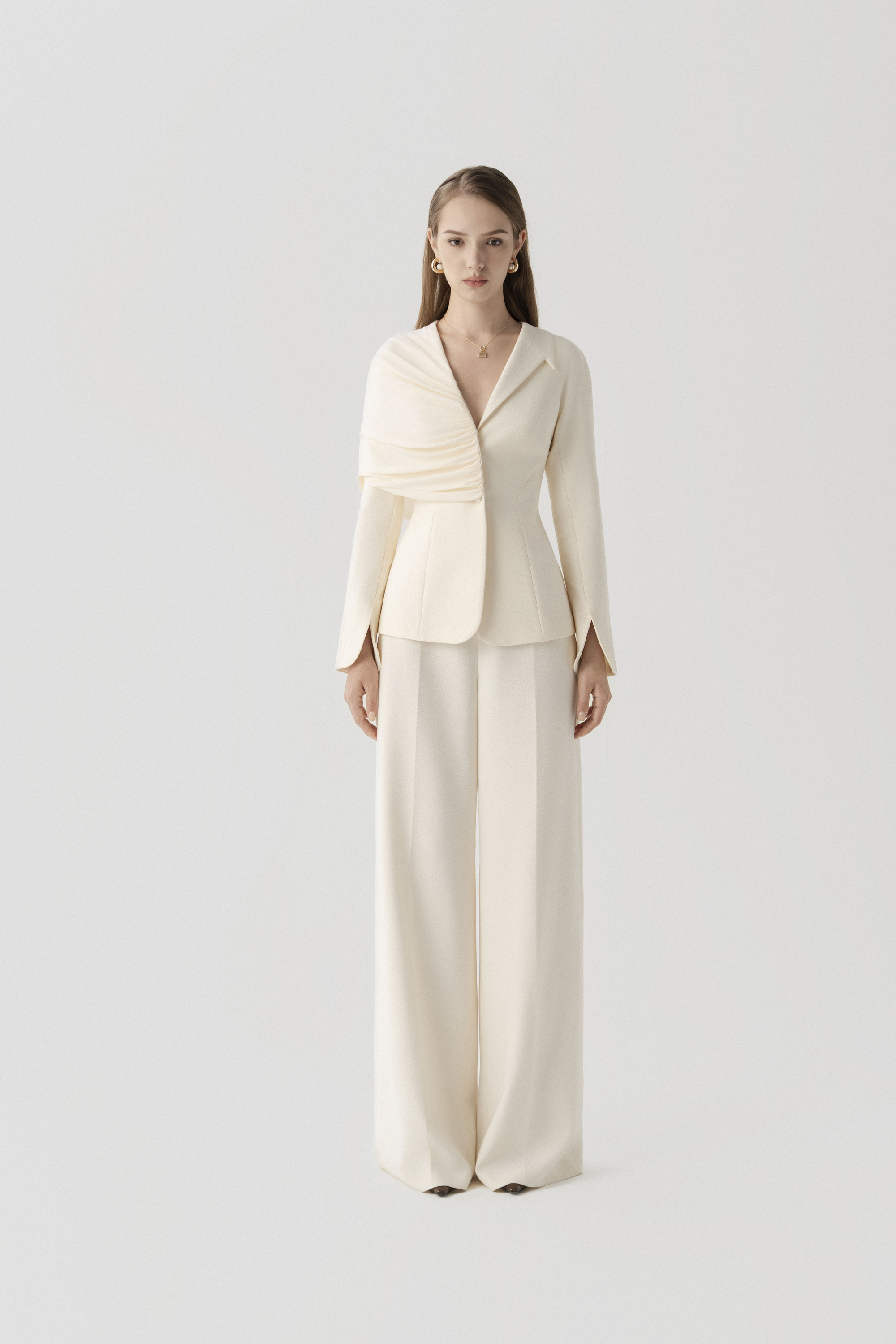 V-neck Draped Suit Cream Wide Leg Trousers