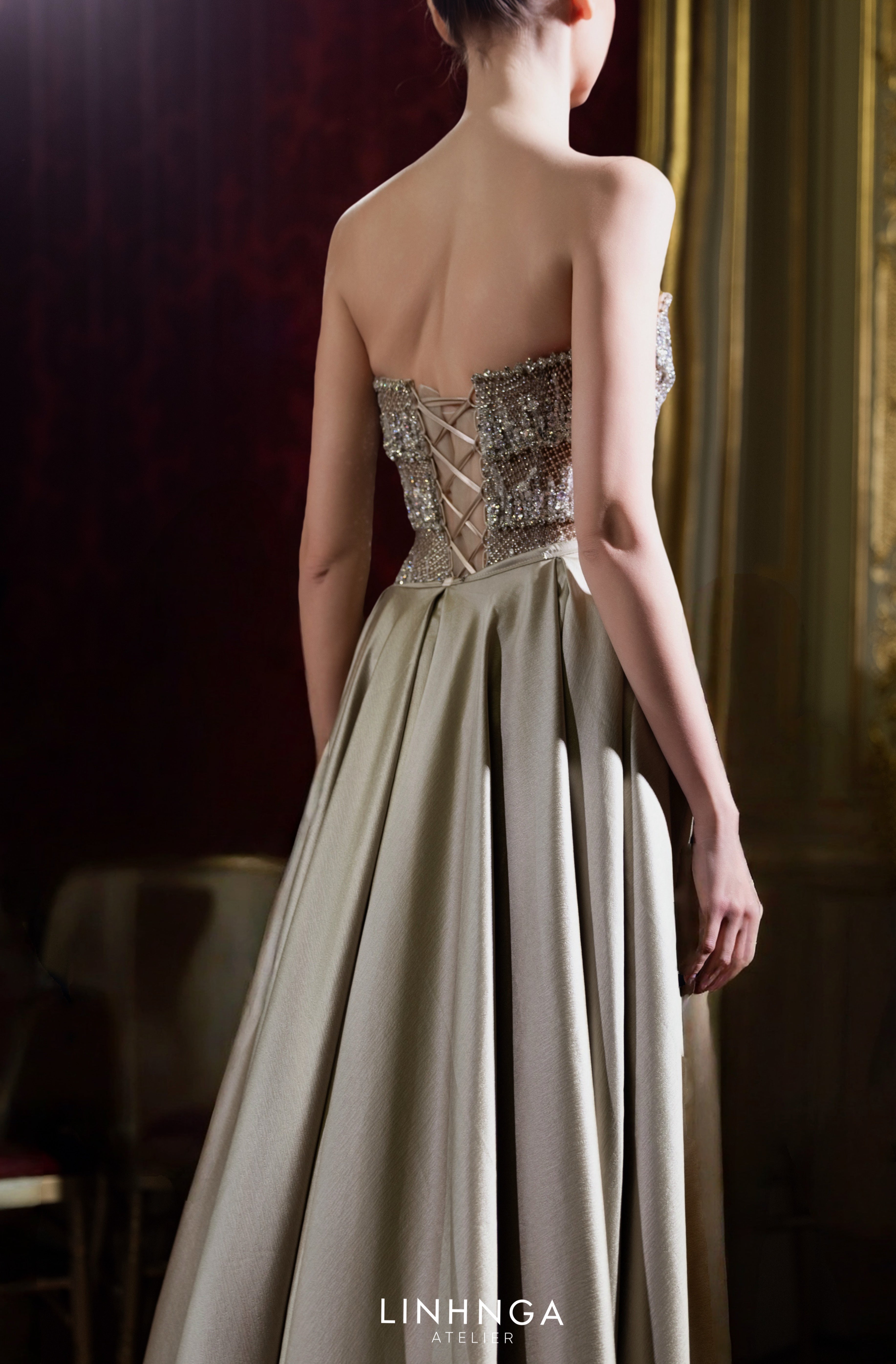LMBCT290 – Strapless Beaded Bodice with Satin Train Gown