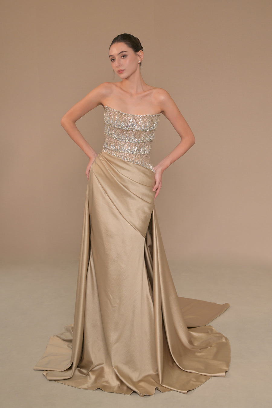 LMBCT290 – Strapless Beaded Bodice with Satin Train Gown