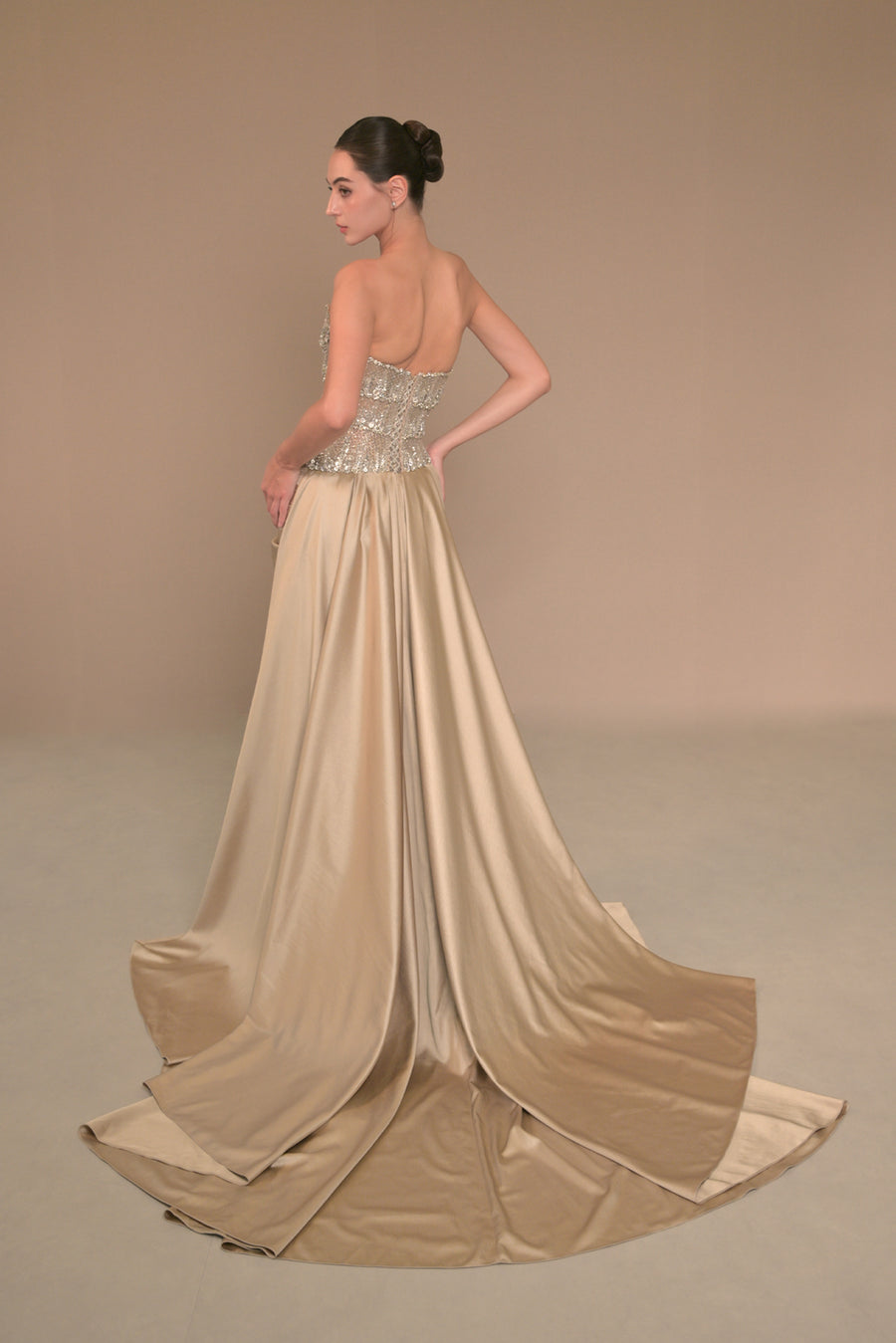 LMBCT290 – Strapless Beaded Bodice with Satin Train Gown