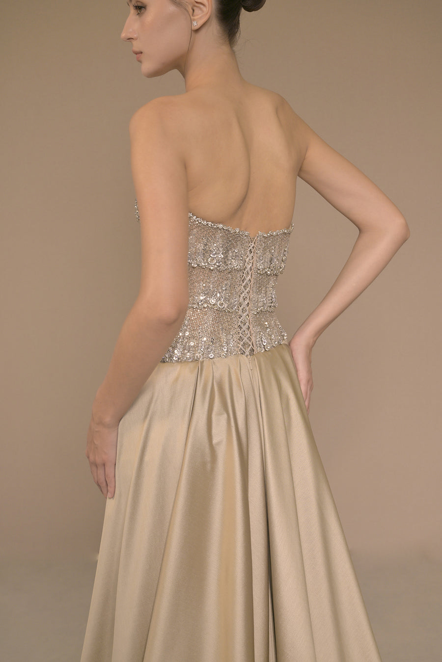 LMBCT290 – Strapless Beaded Bodice with Satin Train Gown