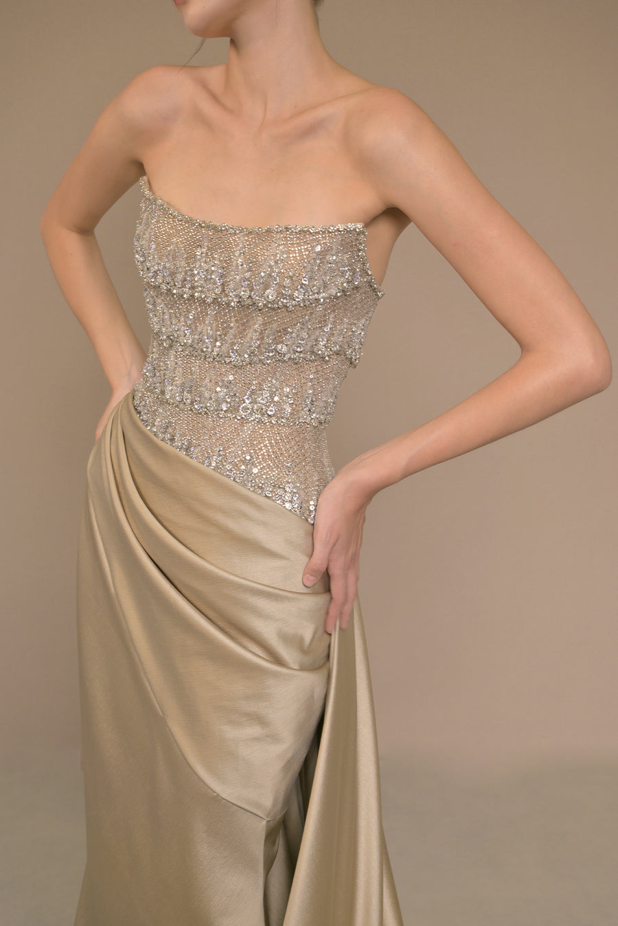LMBCT290 – Strapless Beaded Bodice with Satin Train Gown