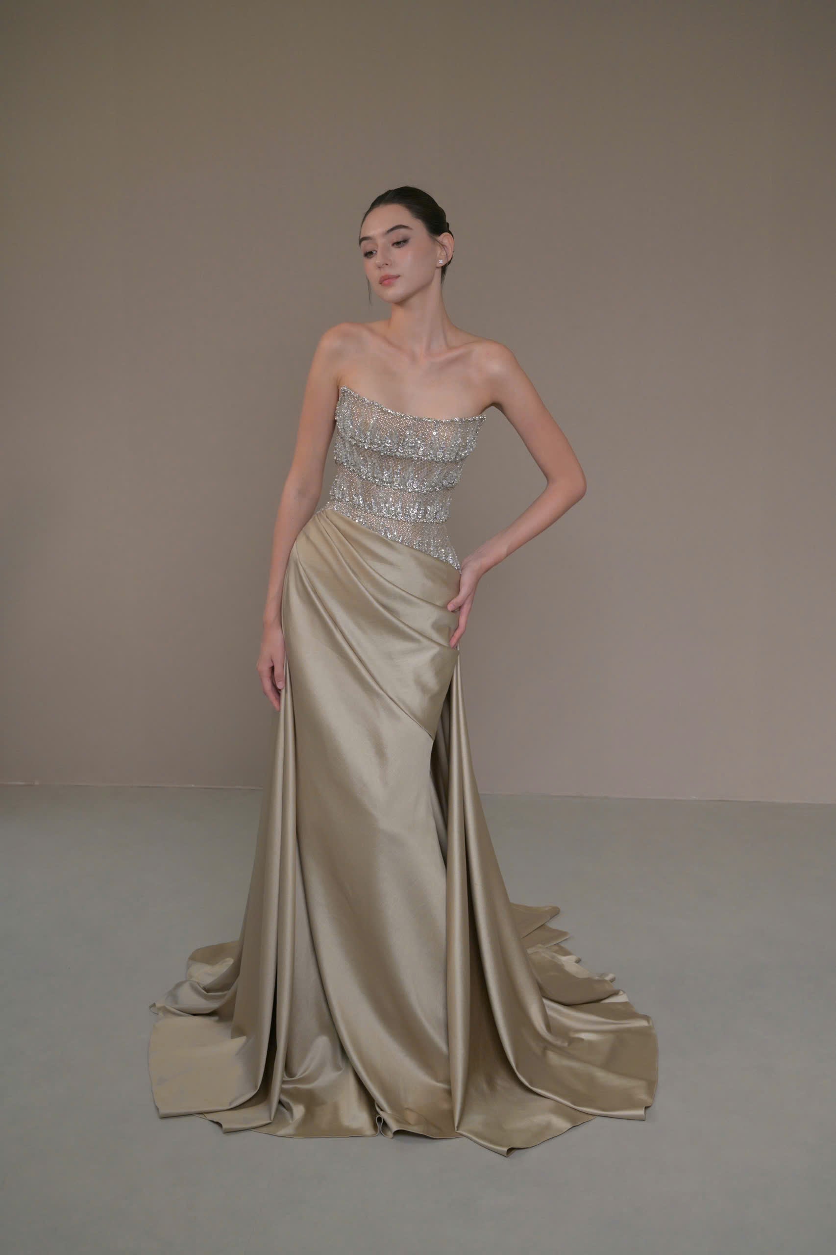 LMBCT290 – Strapless Beaded Bodice with Satin Train Gown