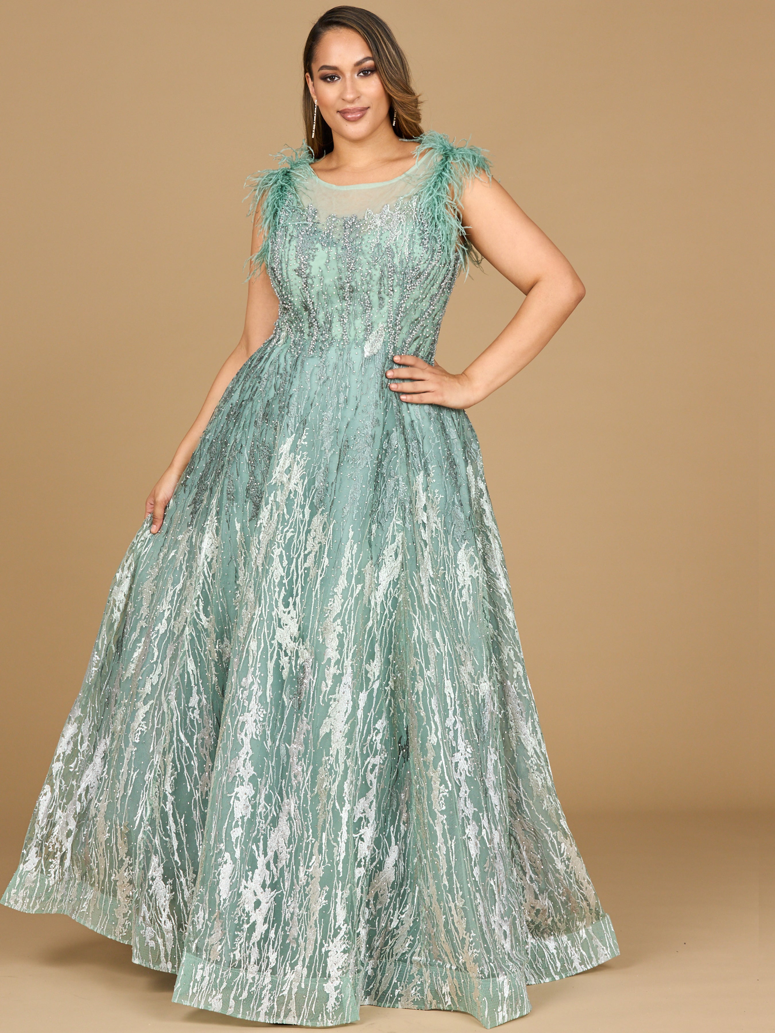 Lace Ballgown with Feather Cap Sleeves 29475