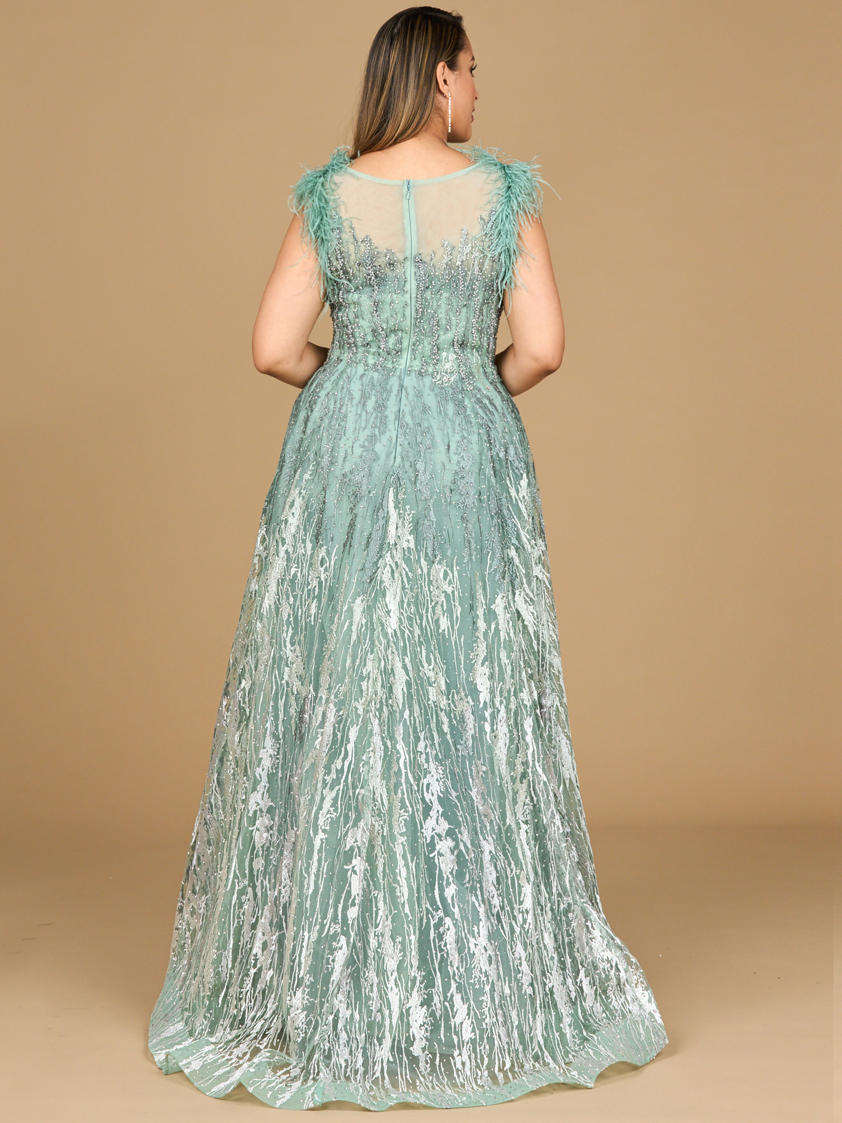 Lace Ballgown with Feather Cap Sleeves 29475