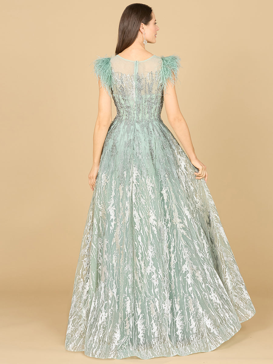 Lace Ballgown with Feather Cap Sleeves 29475