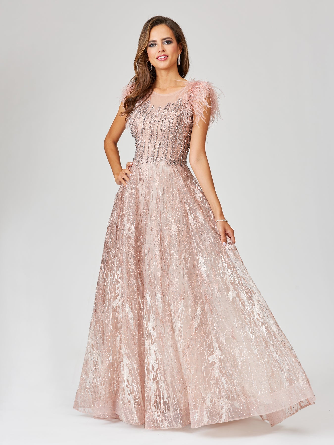 Lace Ballgown with Feather Cap Sleeves 29475