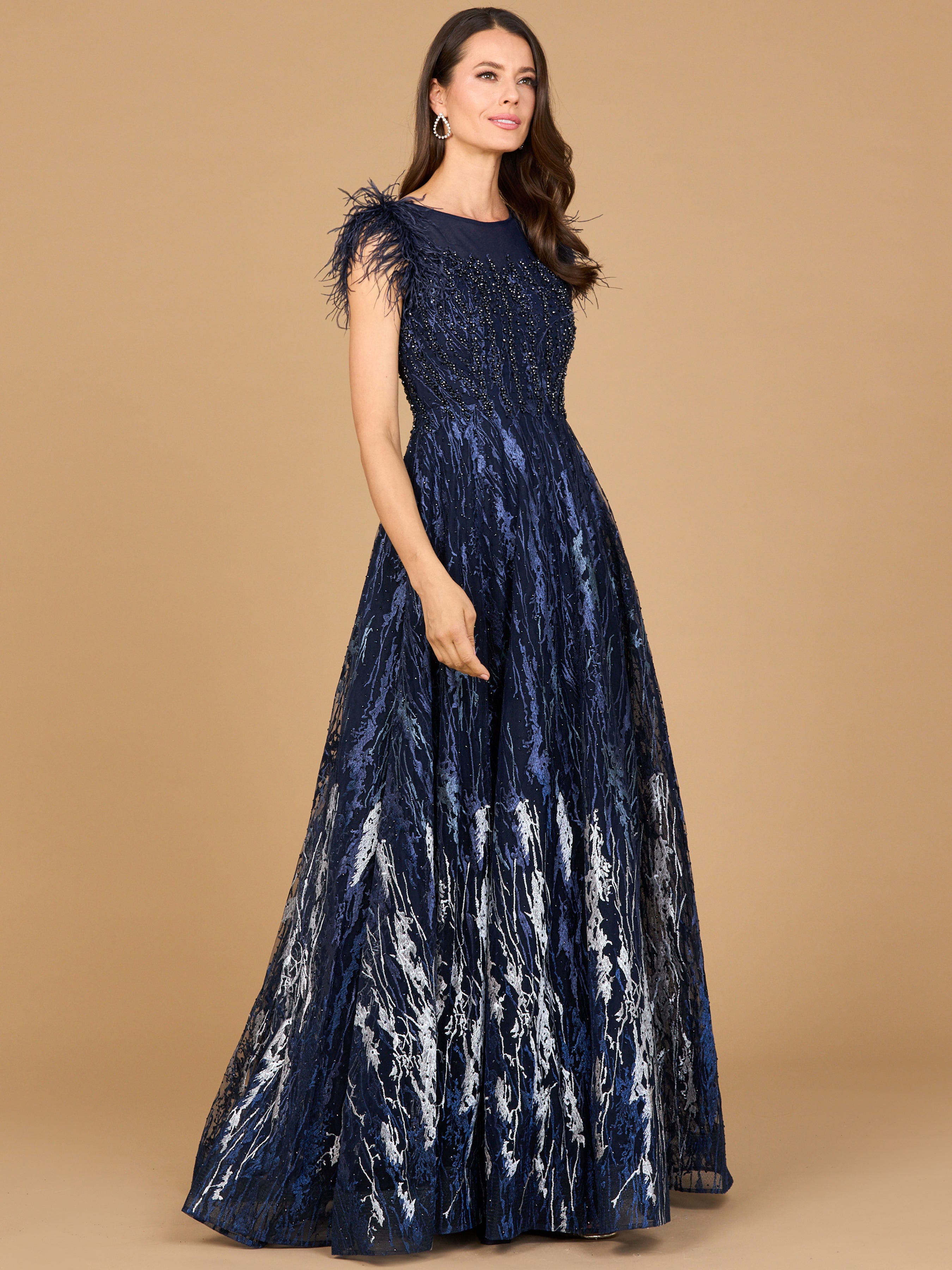 Lace Ballgown with Feather Cap Sleeves 29475