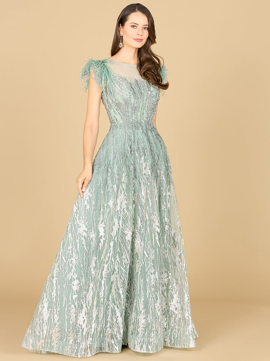 Lace Ballgown with Feather Cap Sleeves 29475