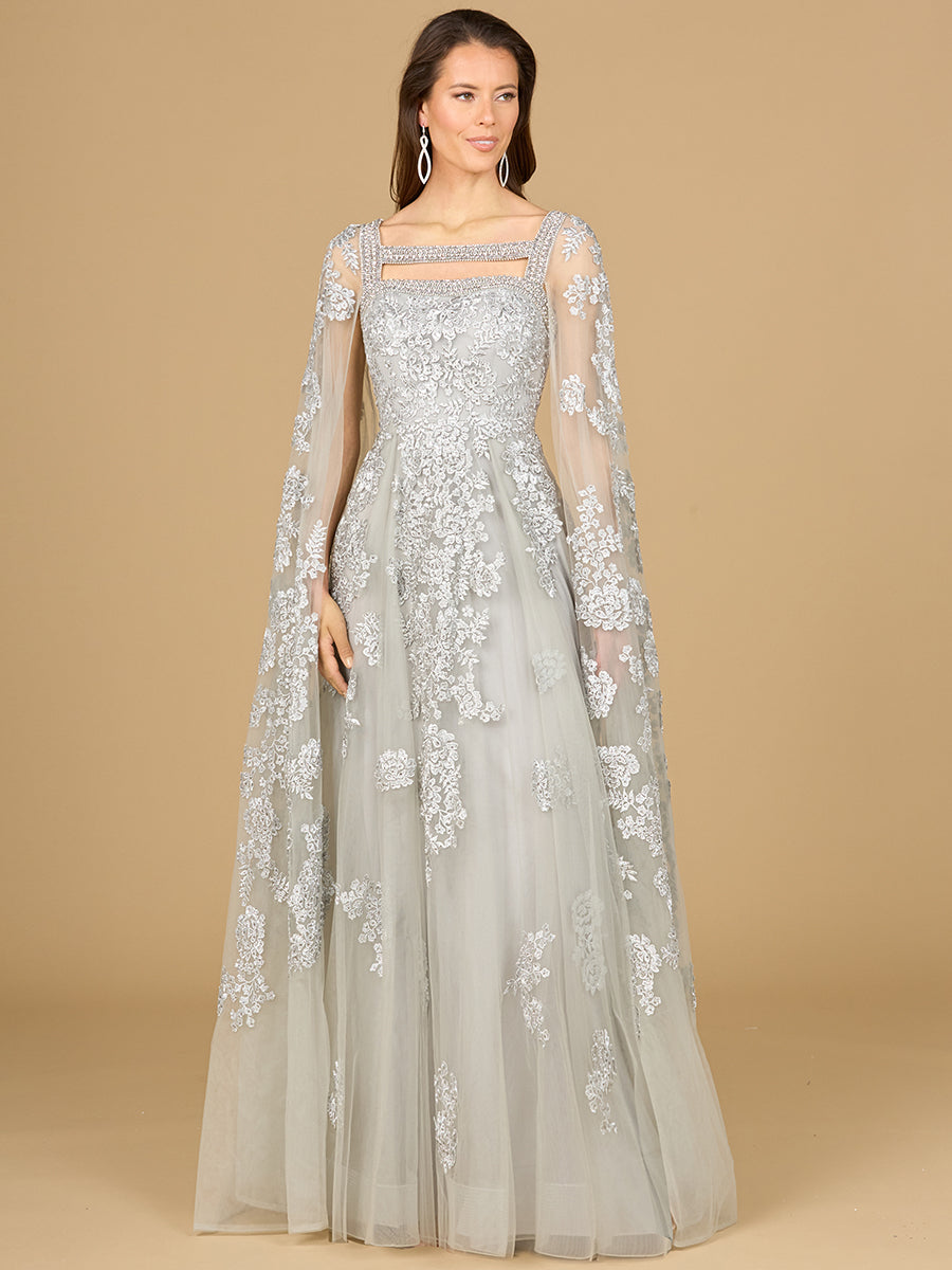 Lace Embroidered Gown with Long Cape Sleeves 29138
