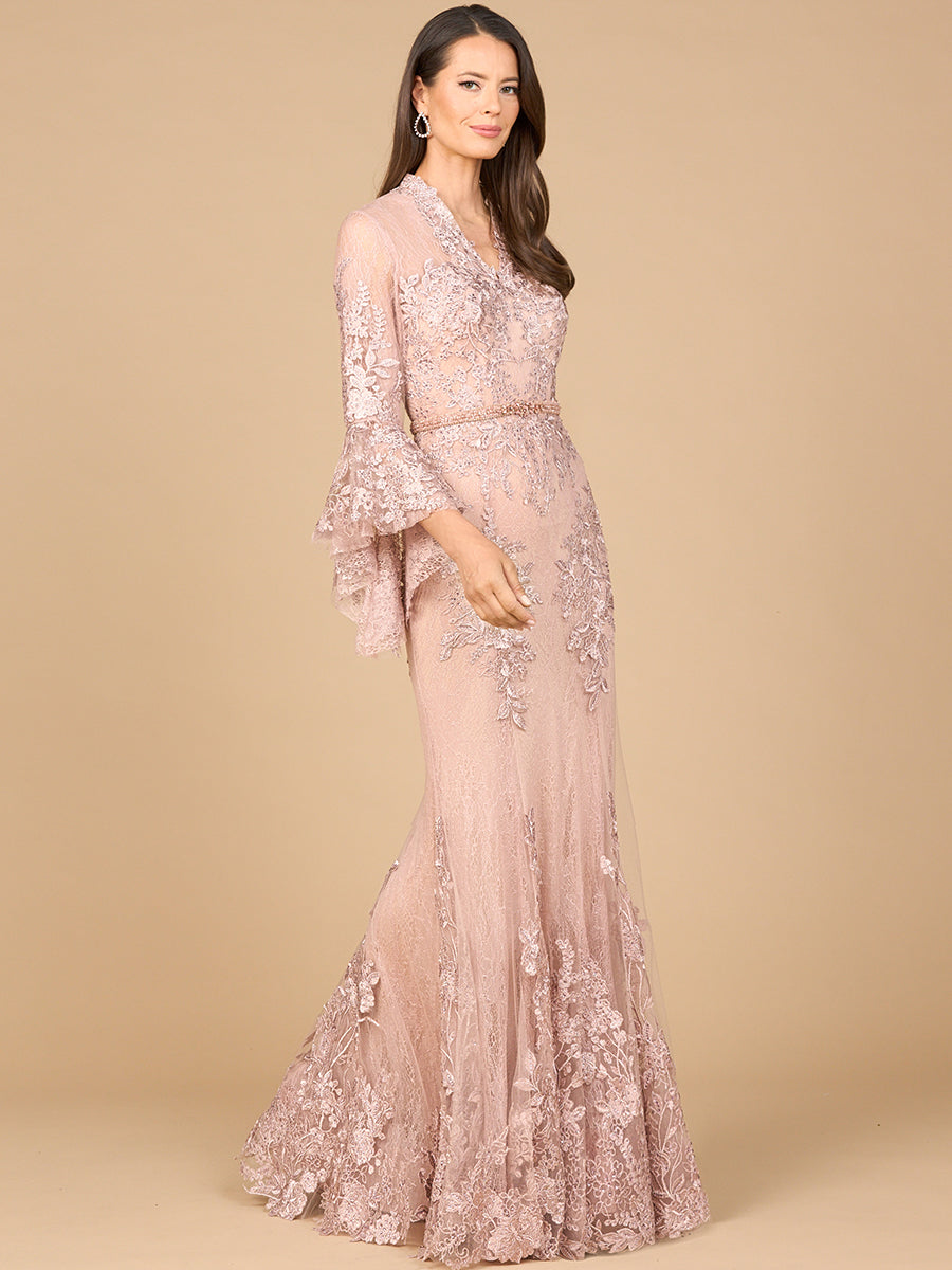 Lace Evening Gown with V-Neck & Long Bell Sleeves 28978