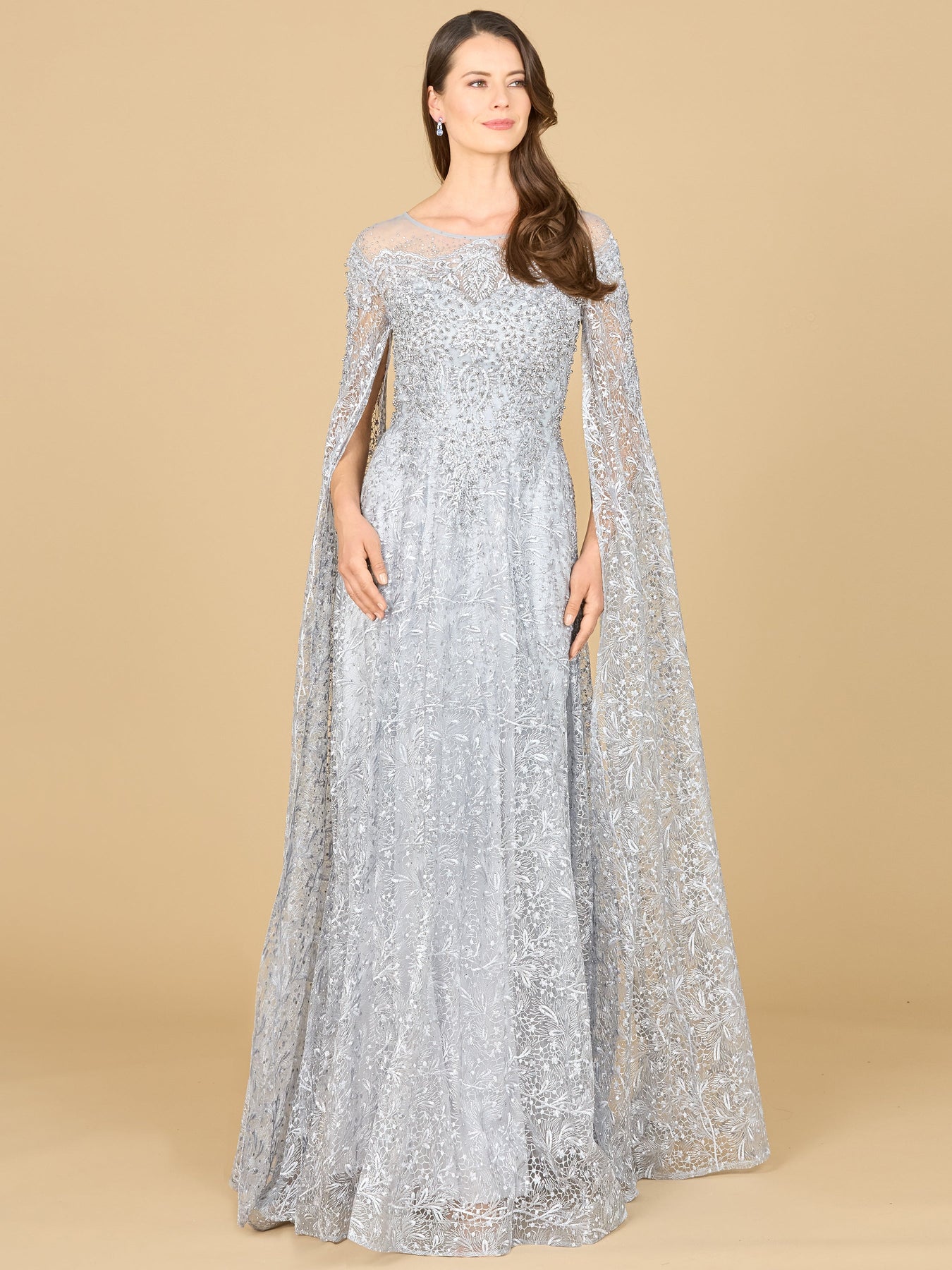 Lace Gown with Dramatic Cape Sleeves 29454