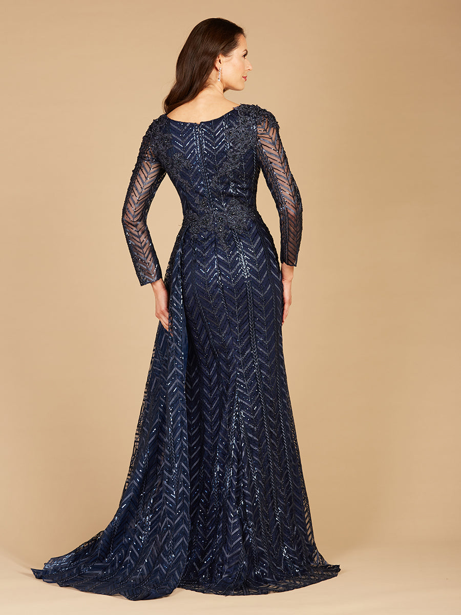 Lace Skirt Overlay Dress with Long Sleeves & V-Neck 29620 OUTLET