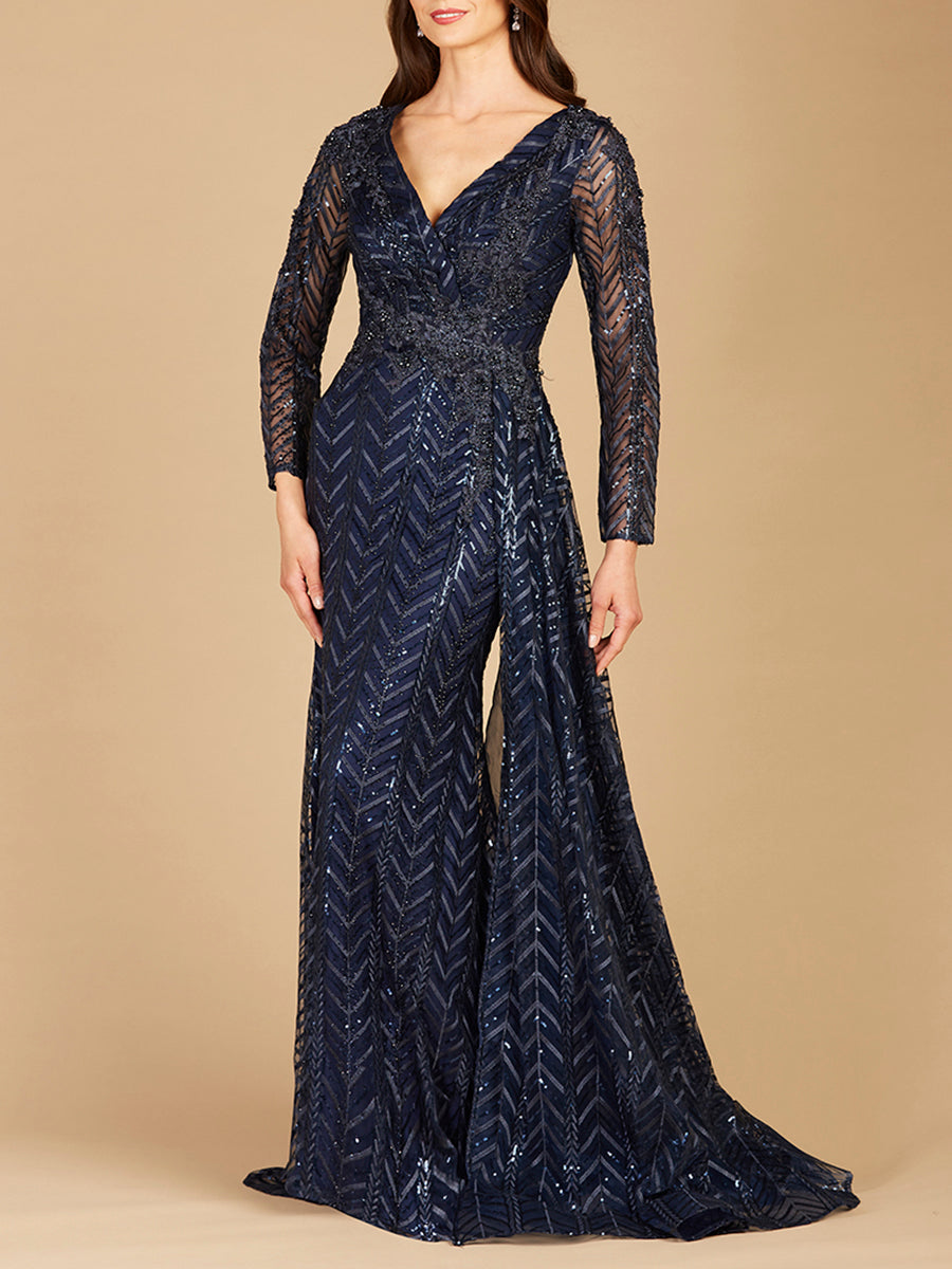 Lace Skirt Overlay Dress with Long Sleeves & V-Neck 29620 OUTLET