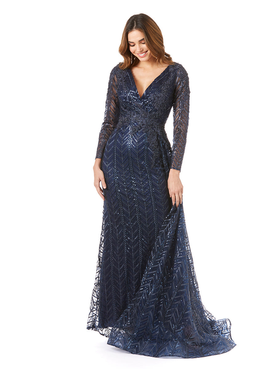 Lace Skirt Overlay Dress with Long Sleeves & V-Neck 29620 OUTLET