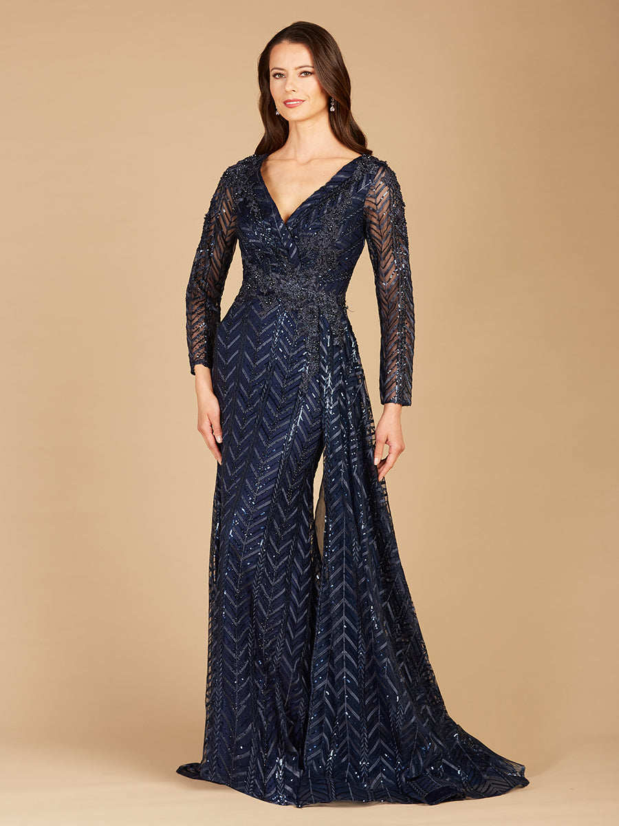 Lace Skirt Overlay Dress with Long Sleeves & V-Neck 29620 OUTLET