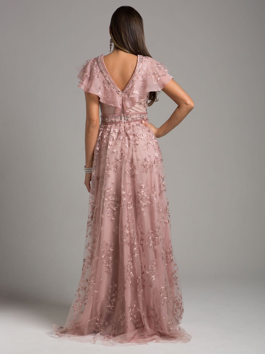 Lace V-Neck A-Line Dress with Floral Appliques & Cap Sleeves 29966