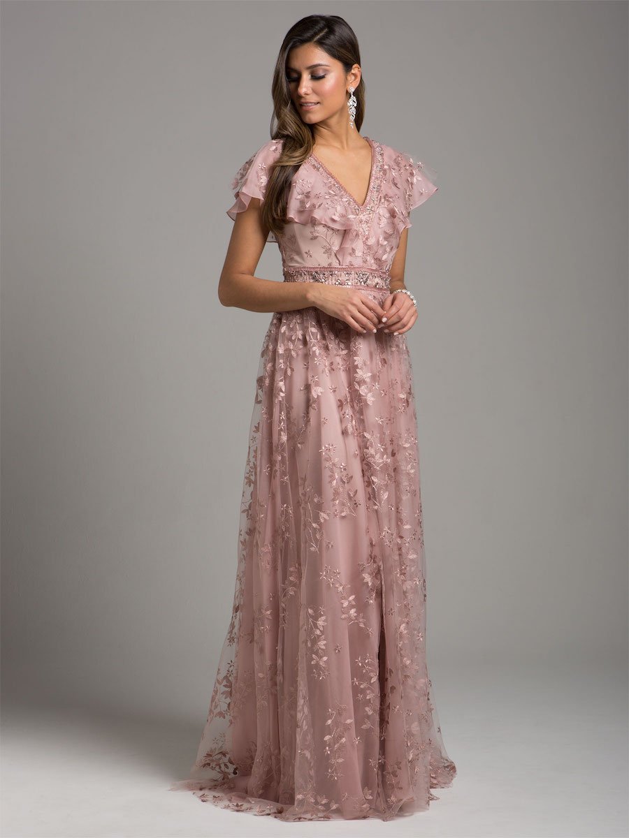 Lace V-Neck A-Line Dress with Floral Appliques & Cap Sleeves 29966