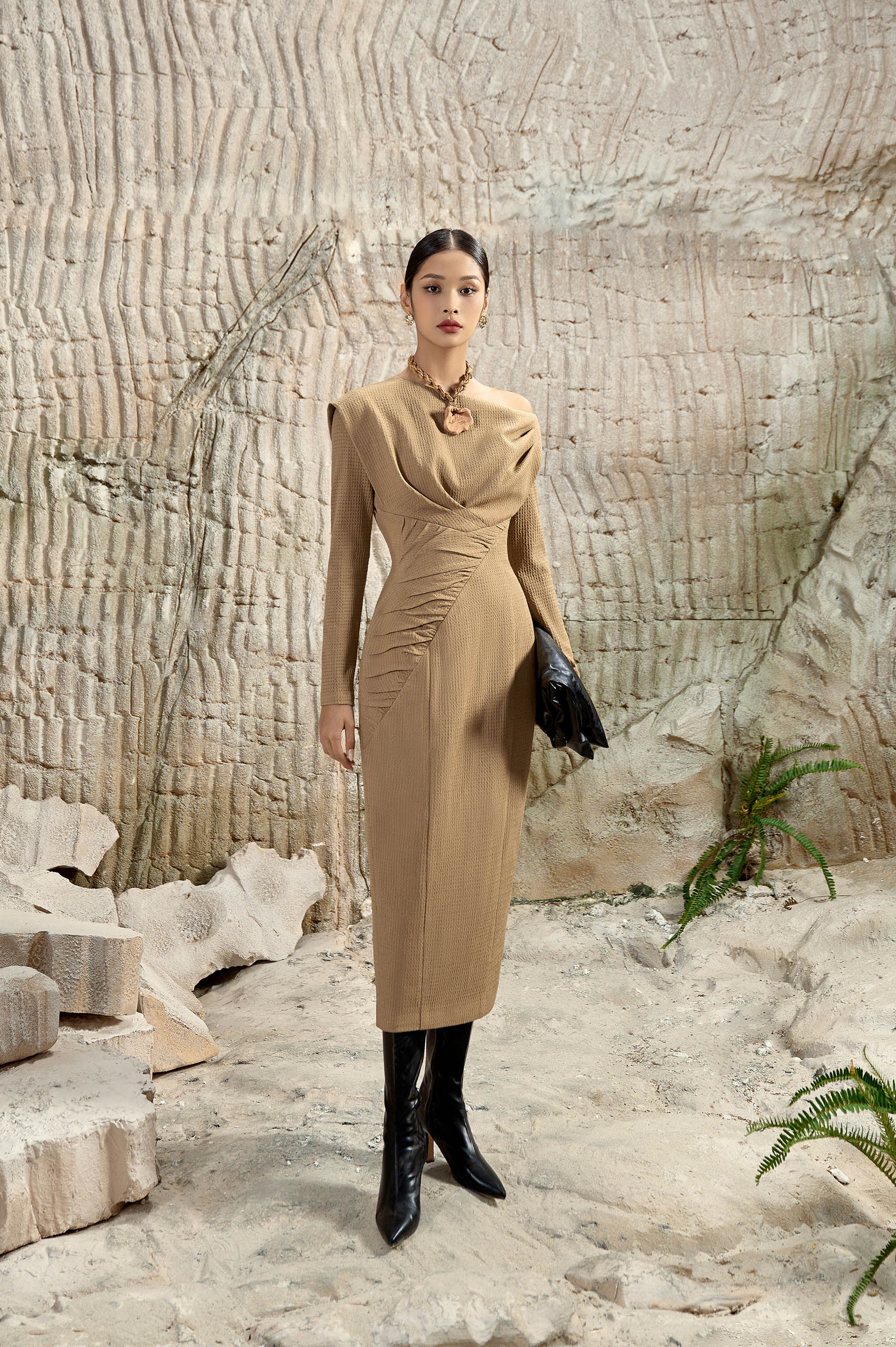 Light Oak Wrinkled Pencil Dress | Light Brown Pencil Dress XS - US 2 / Light Oak Light Oak Wrinkled Pencil Dress | Light Brown Pencil Dress XS - US 2 / Light Oak