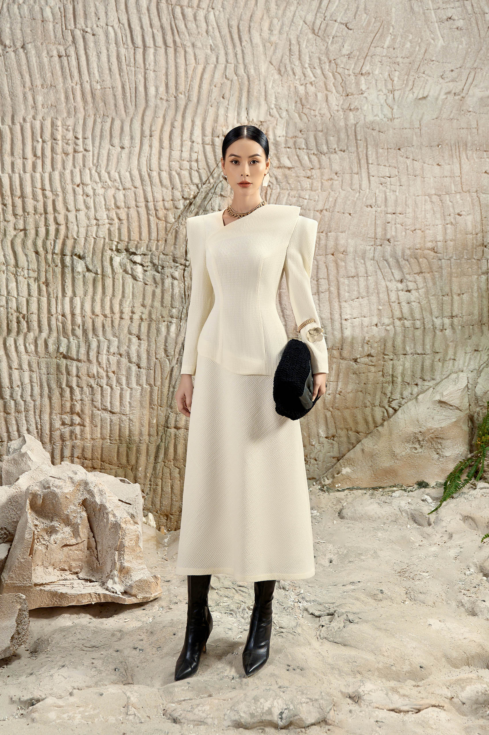 ivory midi dresses Ivory Diagonal Neck Dress