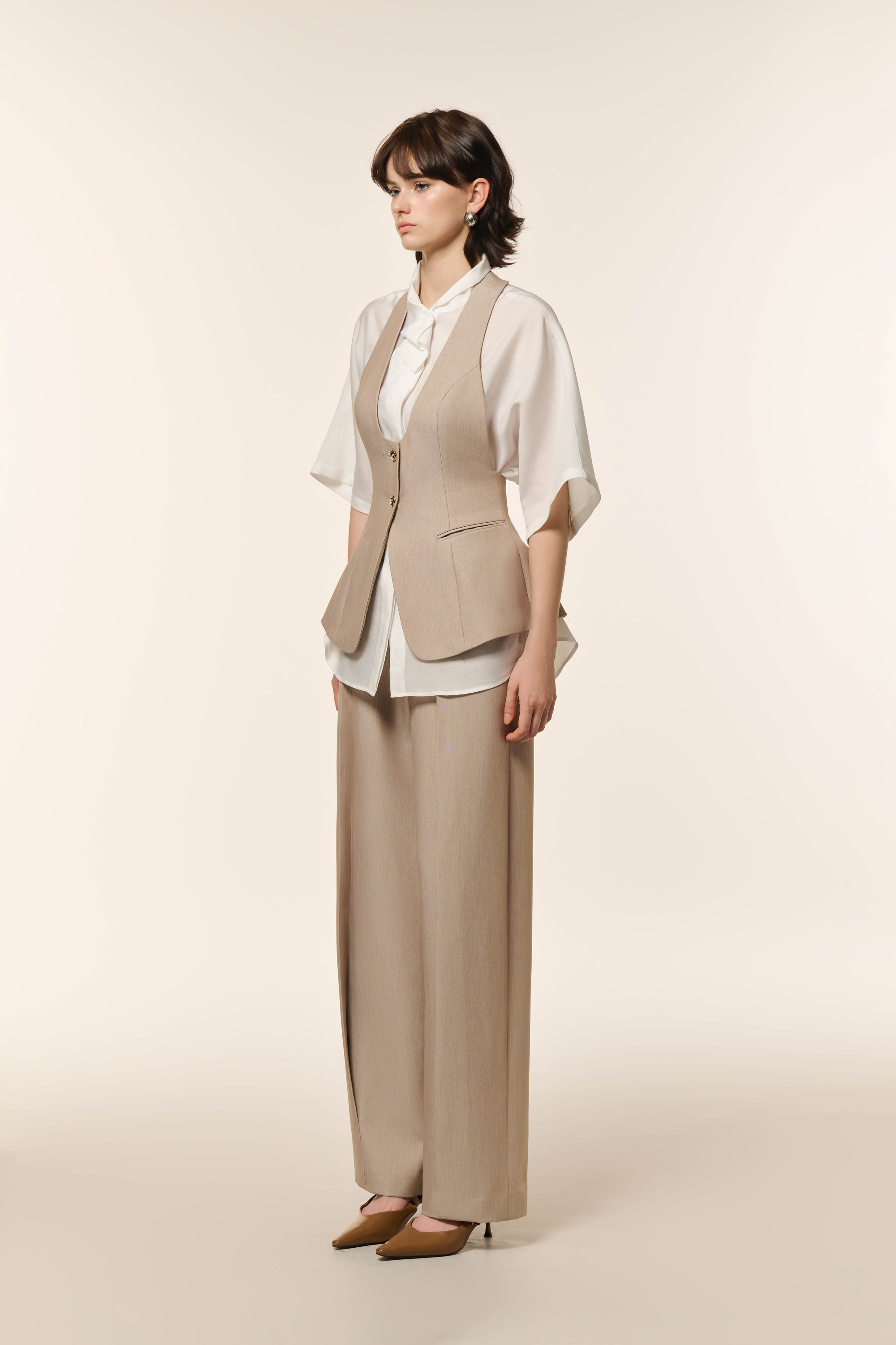 Airglow Short Sleeve Shirt, Ease Cocoon Pants & Ease Gilet in Almond Milk 3 Pcs Set