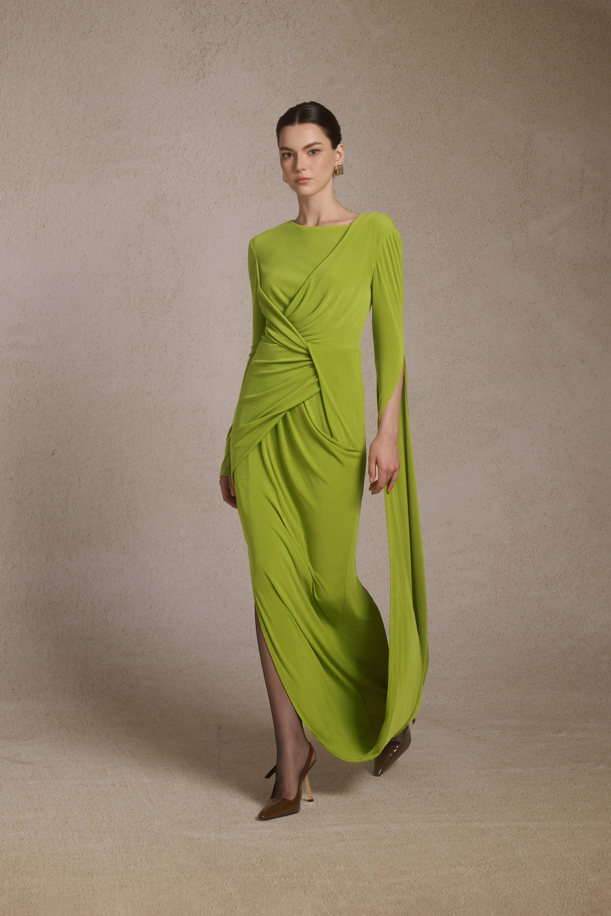 Lunara Tiered Midi in Leafed Lime | Green Evening Gown Lunara Tiered Midi in Leafed Lime | Green Evening Gown