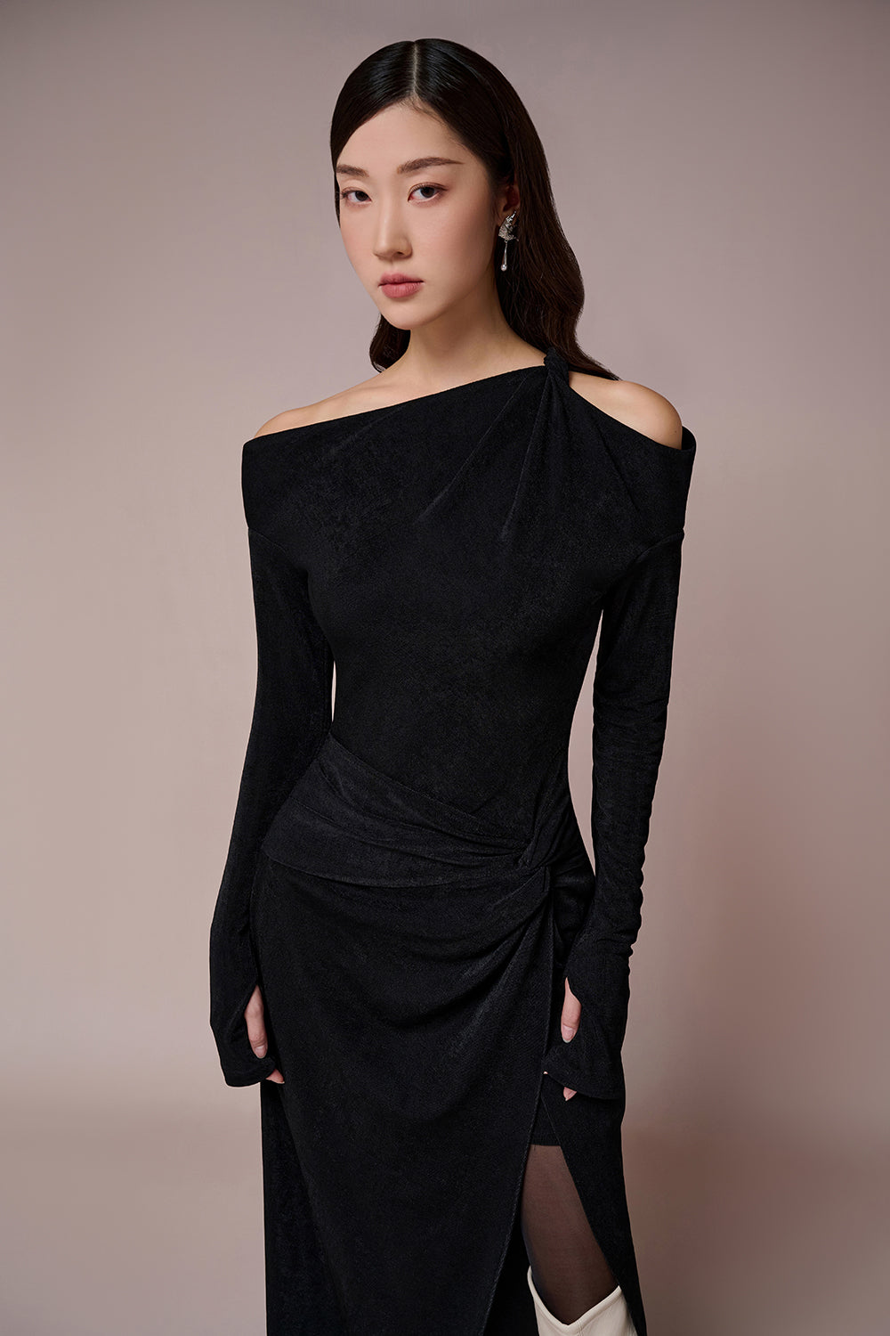 off shoulder pencil cut dress ASOS DESIGN Curve off-shoulder pleated waist detail midi pencil dress in apricot
