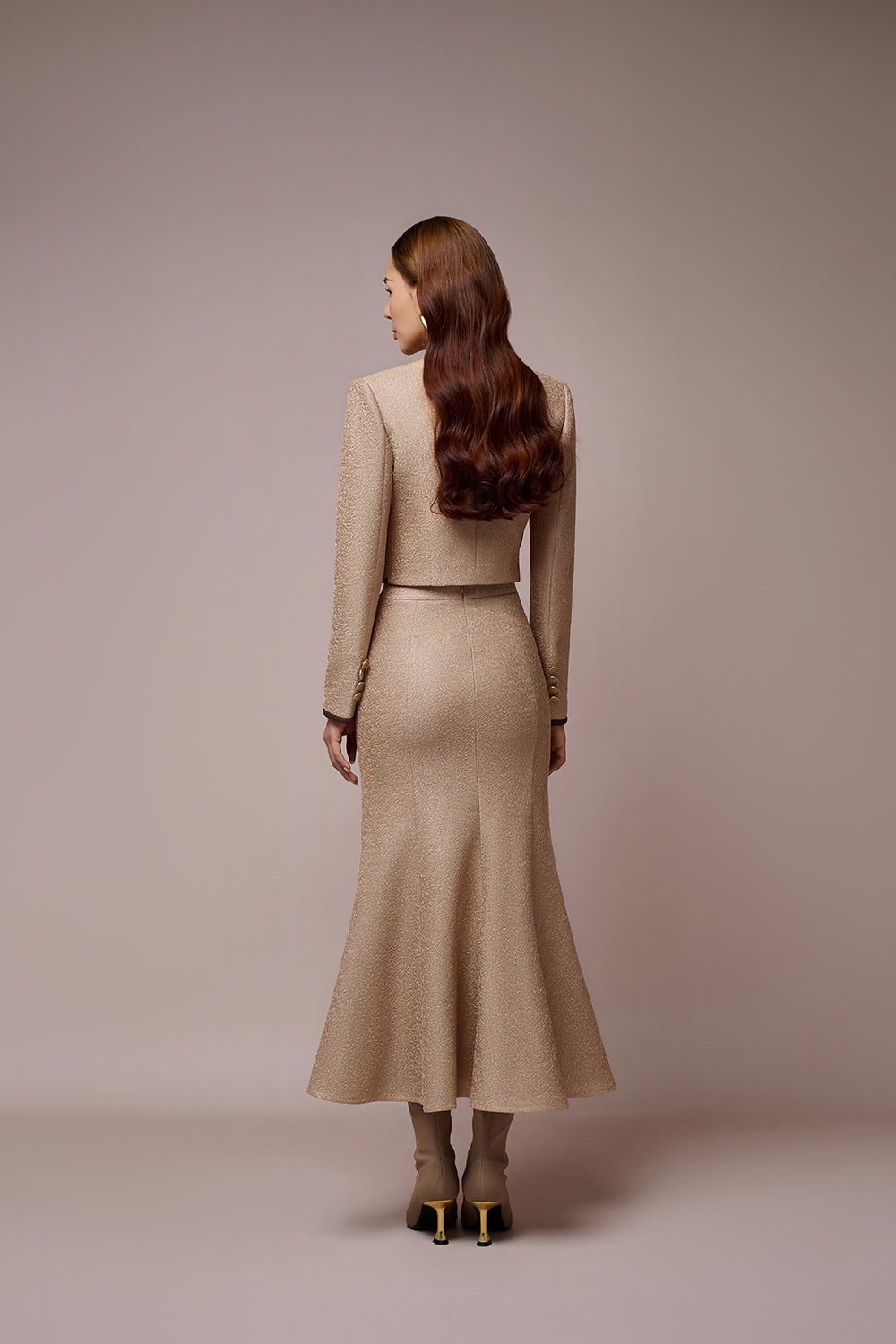 Linda Mandarin Collar Croptop Jacket & Linda Slit Fishtail Skirt