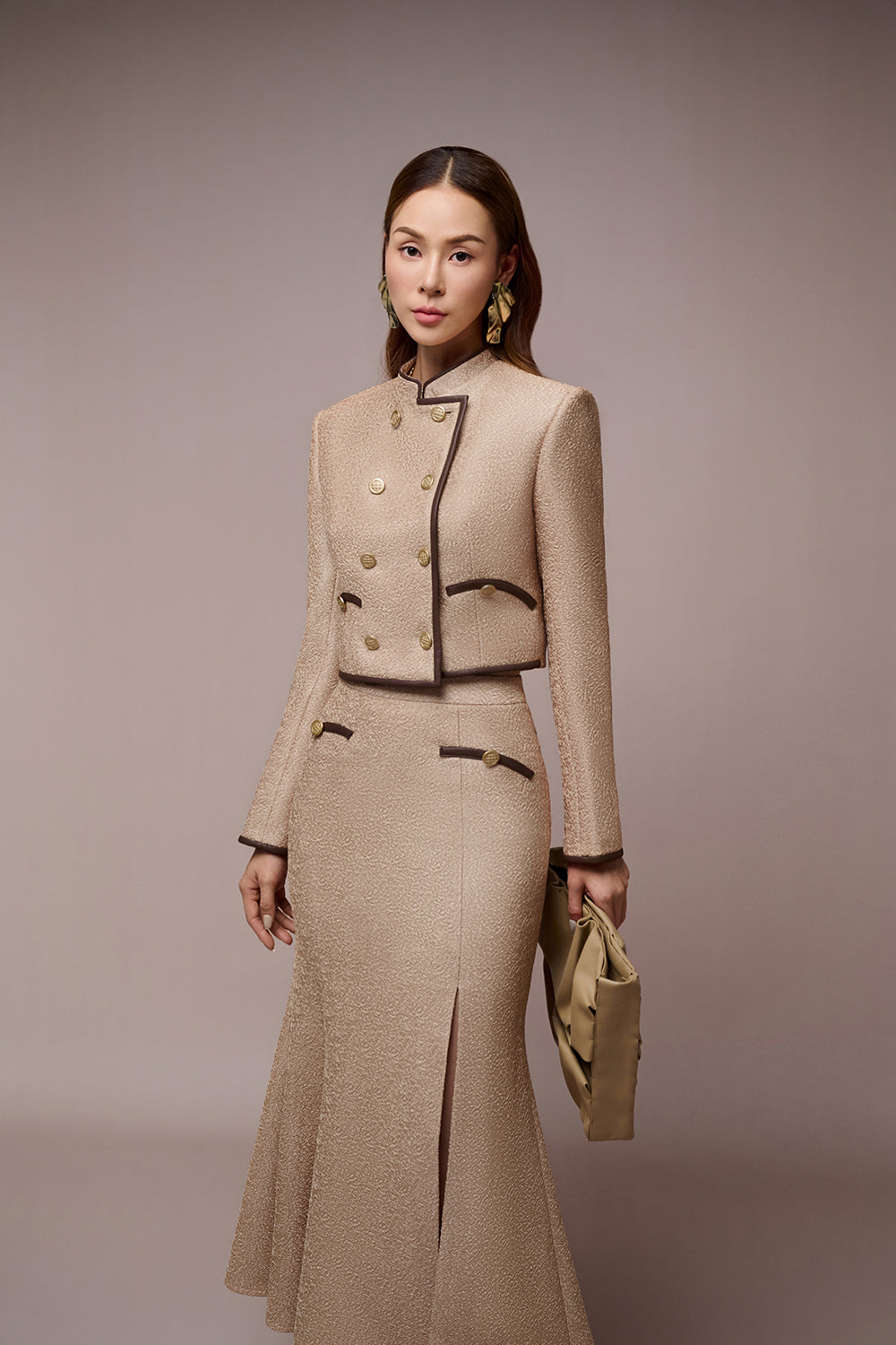 Linda Mandarin Collar Croptop Jacket & Linda Slit Fishtail Skirt