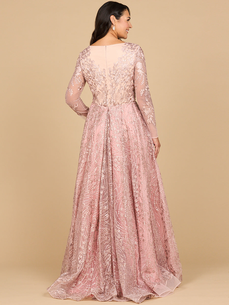 Lara 28883- Long Sleeve Gown with Overskirt & Illusion Neckline