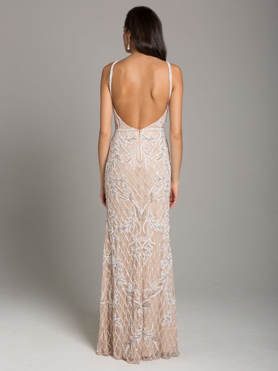 Lara Beverly Long Beaded Low Back V Neck Sleeveless Dress 29833