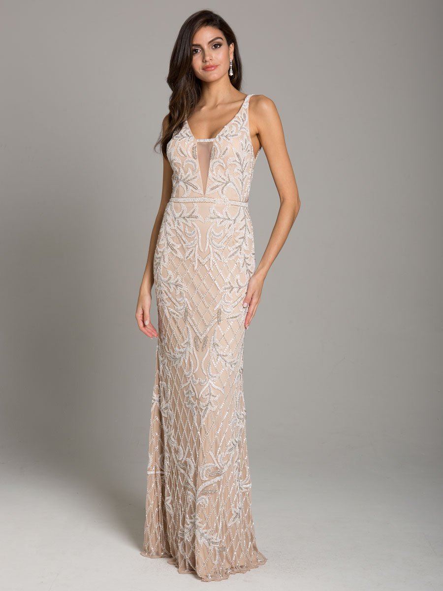 Lara Beverly Long Beaded Low Back V Neck Sleeveless Dress 29833