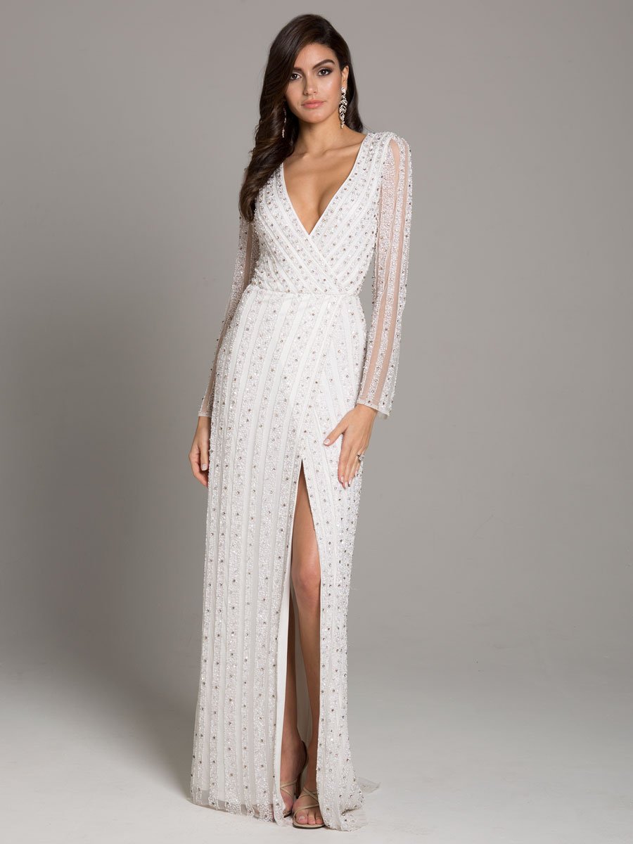 Lara Blair Long-Sleeve Beaded Surplice Sheath Gown 51007