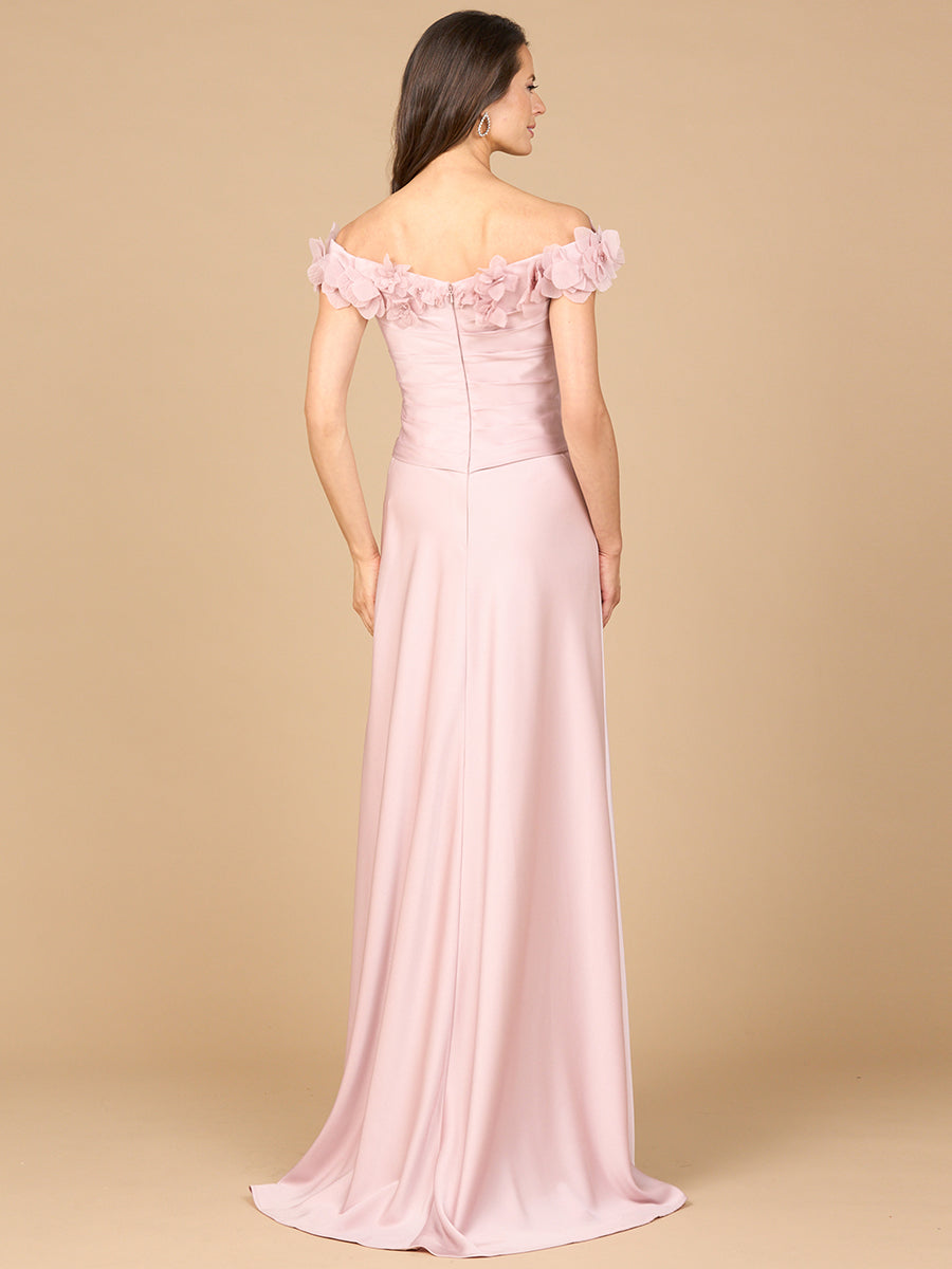 Lara Style 28917 Off-Shoulder Floral Appliqué Satin Gown