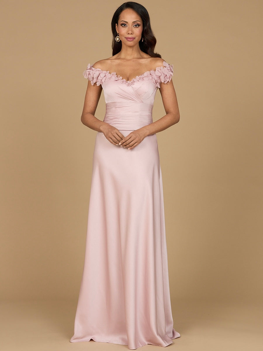 Lara Style 28917 Off-Shoulder Floral Appliqué Satin Gown
