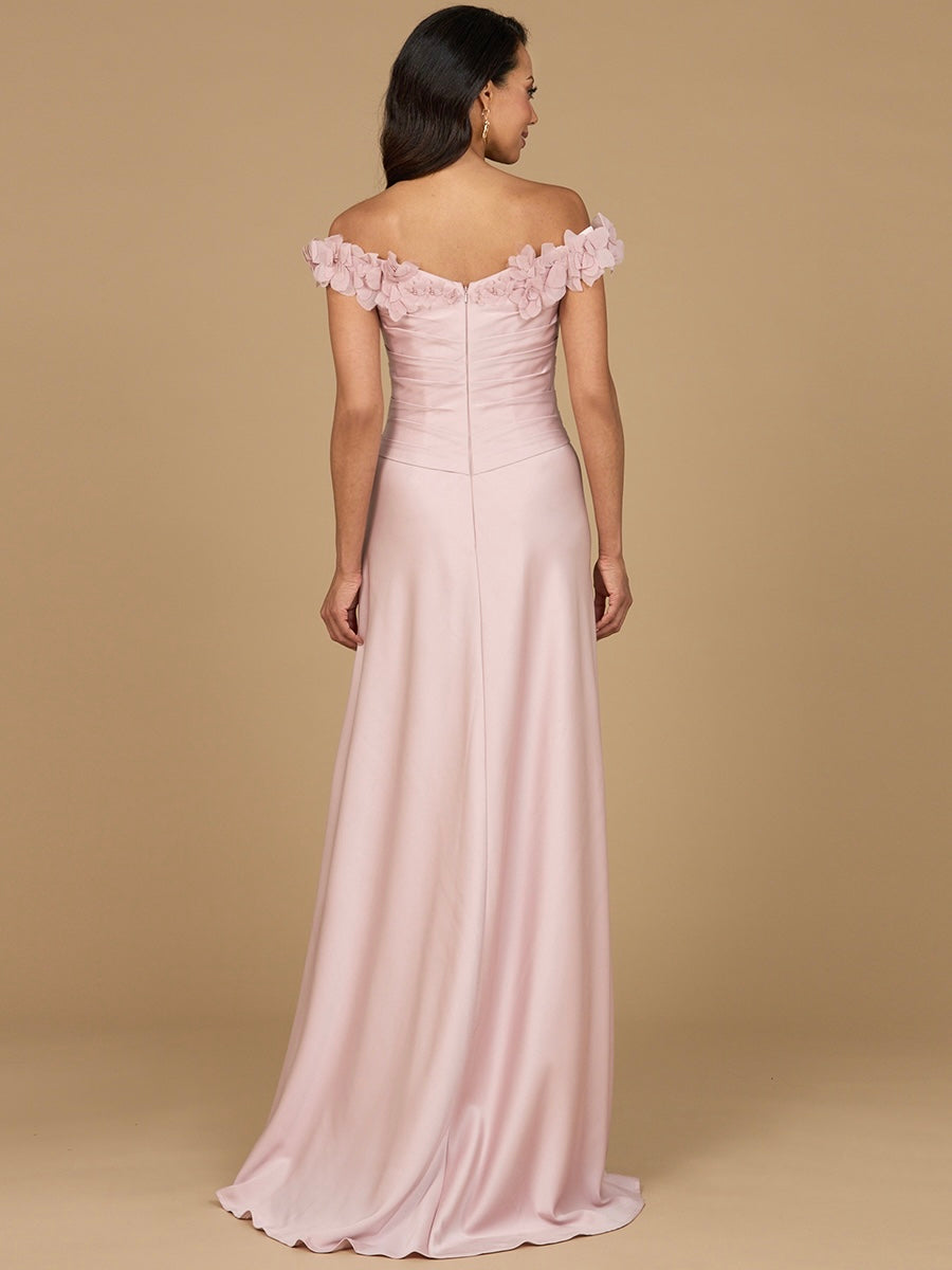 Lara Style 28917 Off-Shoulder Floral Appliqué Satin Gown